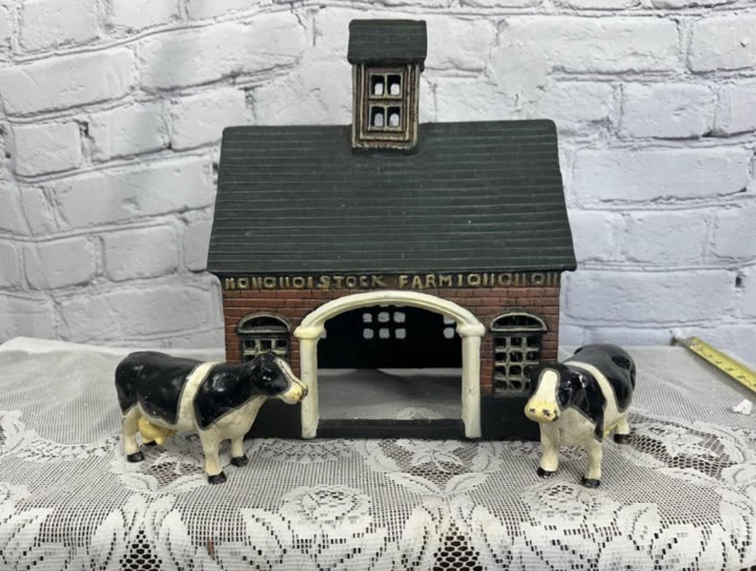 Vintage Cast Iron Stock Farm Barn 2 Holstein Cows Partial Set Heavy Toy
