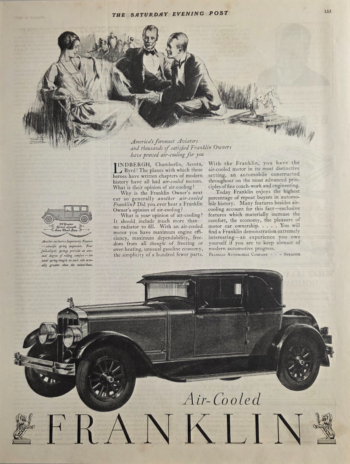 1927 Print Ad Franklin Air-Cooled Cars America's Aviators Lindbergh Syracuse,NY