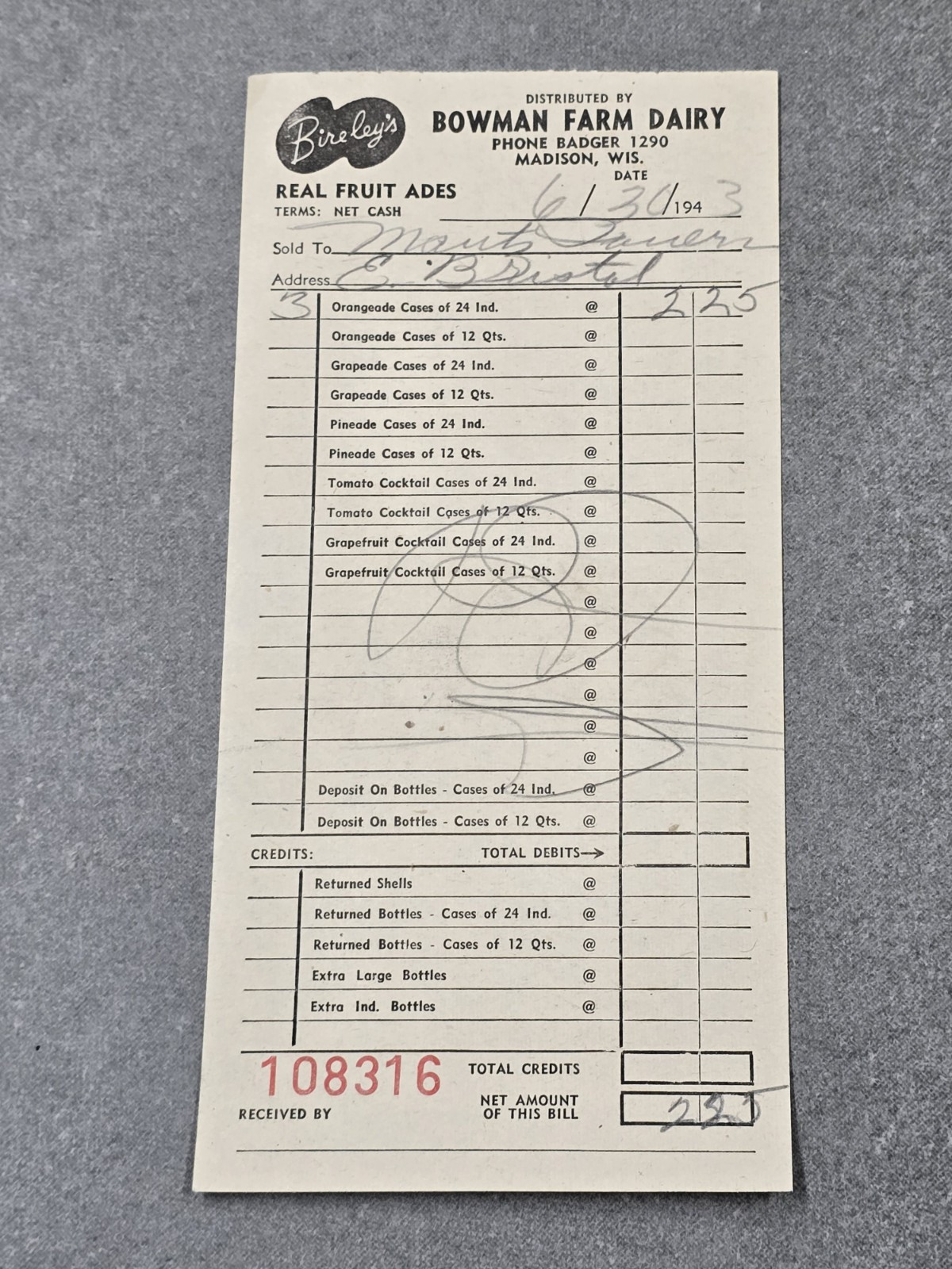 1943 Bowman Farm Dairy Real Fruit Ades Madison Wisconsin Receipt Billhead