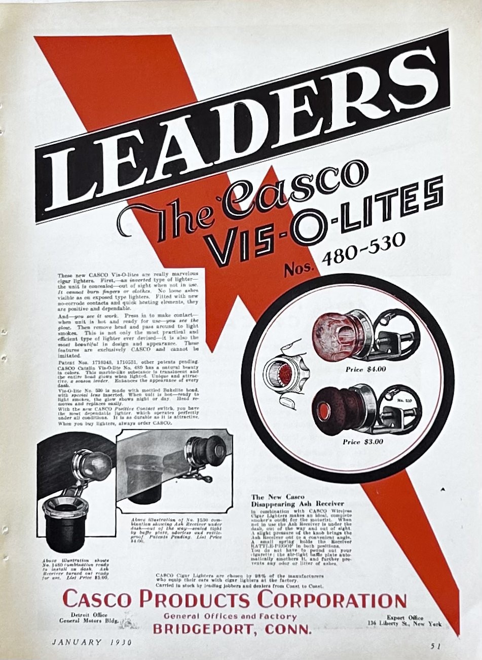 1930 Ad Casco Products Co Bridgeport CT Auto Vis-O-Lite Cigar Lighters