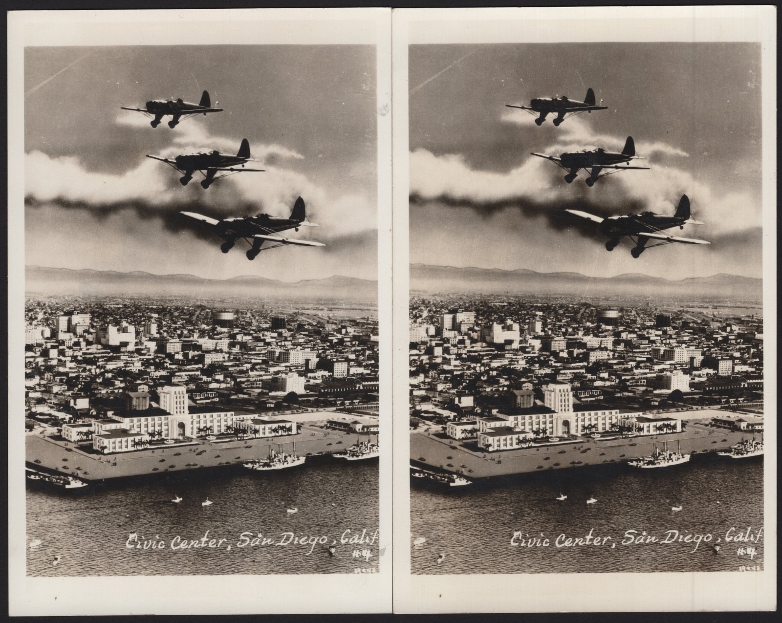 2 RPPC San Diego Civic Center Military Aircraft Formation Kodak Photo Postcards