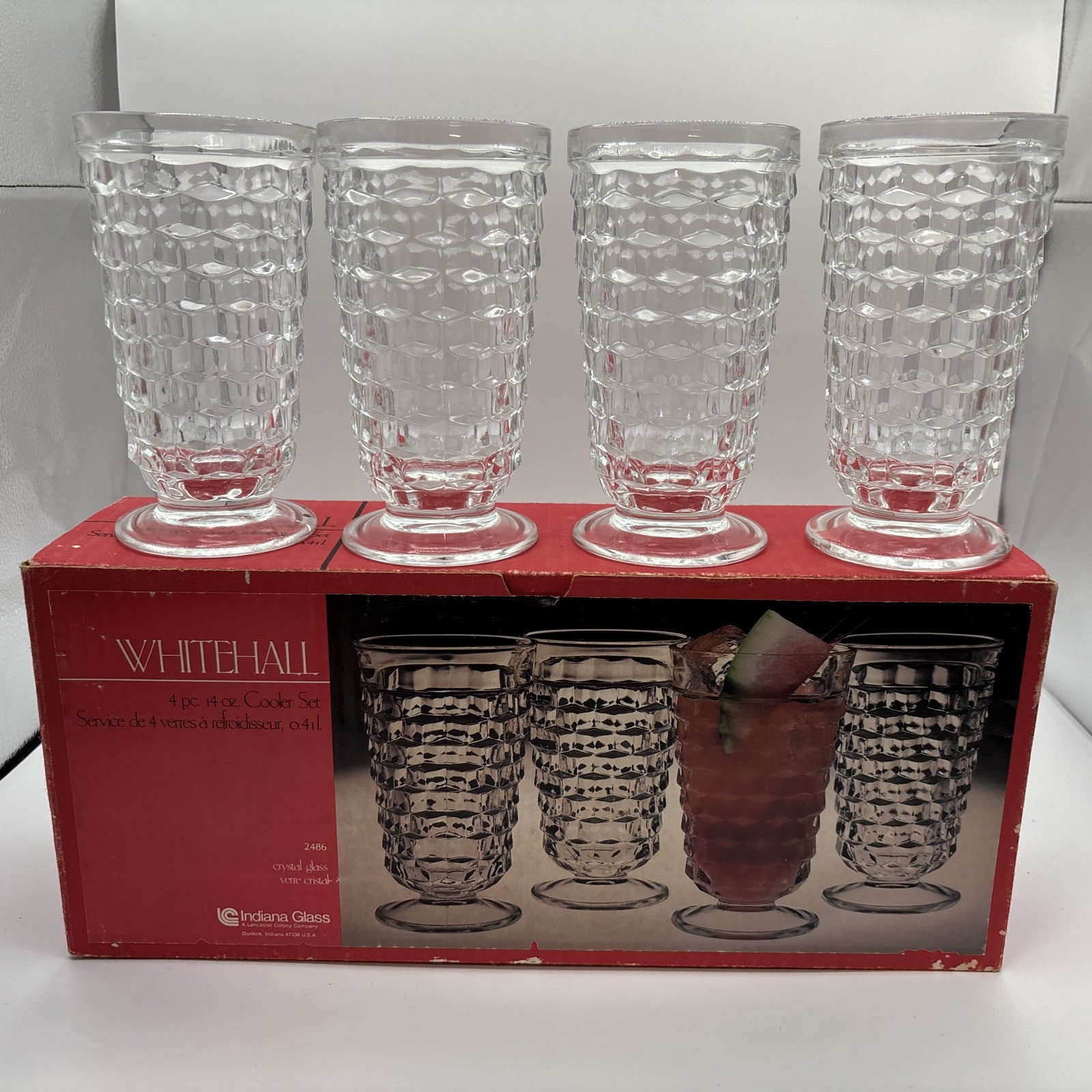 Indiana Glass Whitehall 4pc Cooler Set 14 Oz Crystal Glass New Old Stock