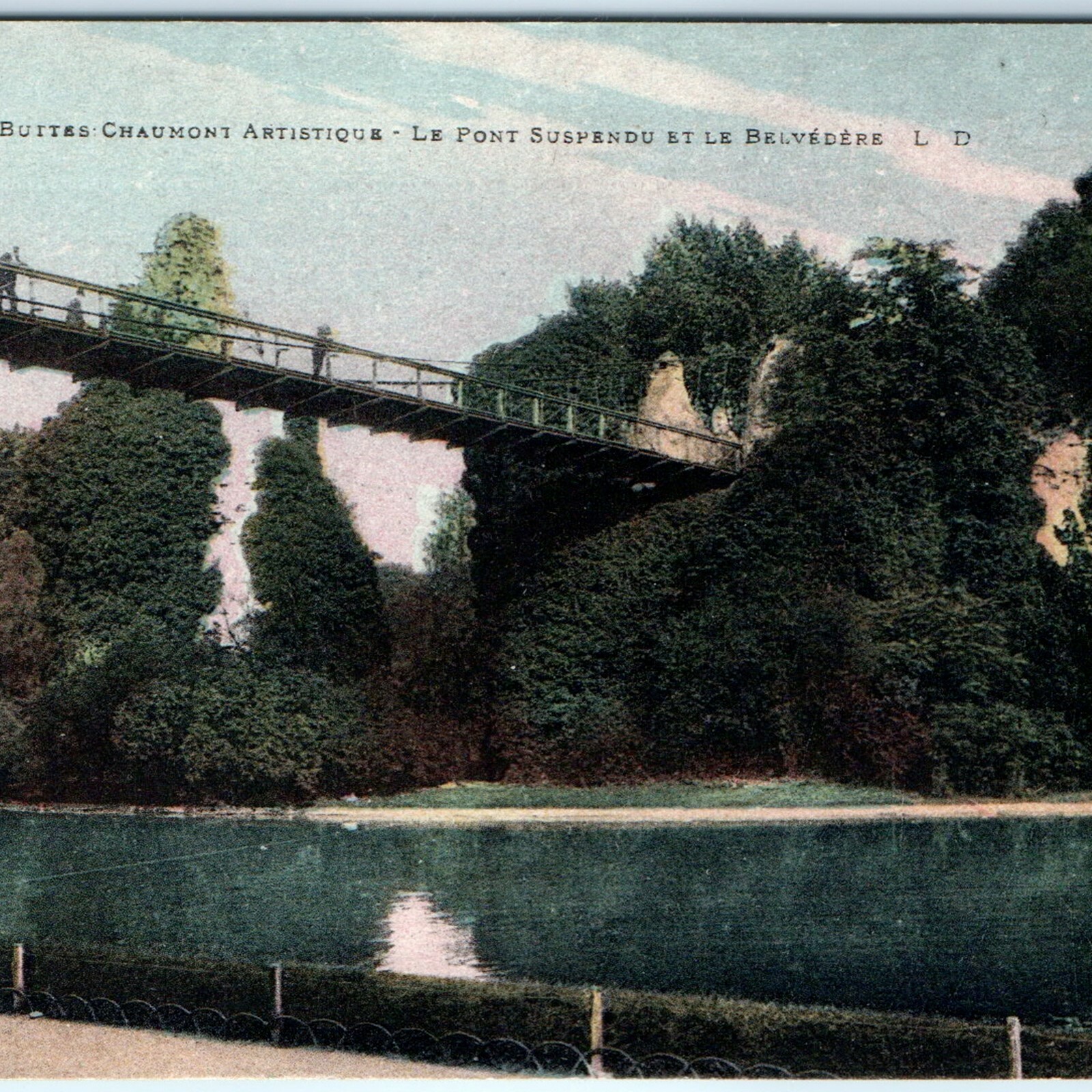 c1910s Paris France Parc Buttes Chaumont Suspension Bridge Postcard Belvedere