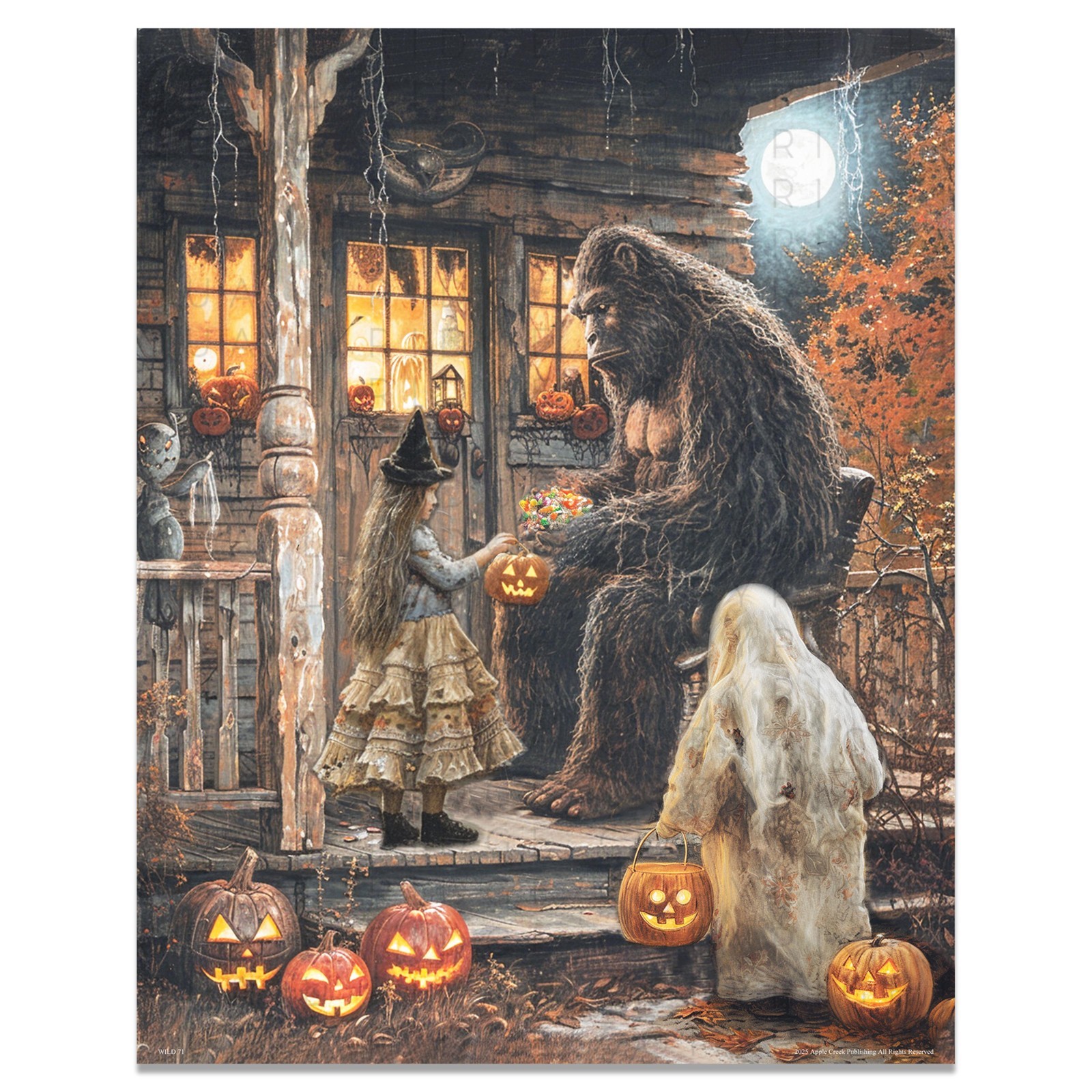 Vintage Halloween Bigfoot Art Print Jack o lanterns Pumpkins Witches Ghosts Gift