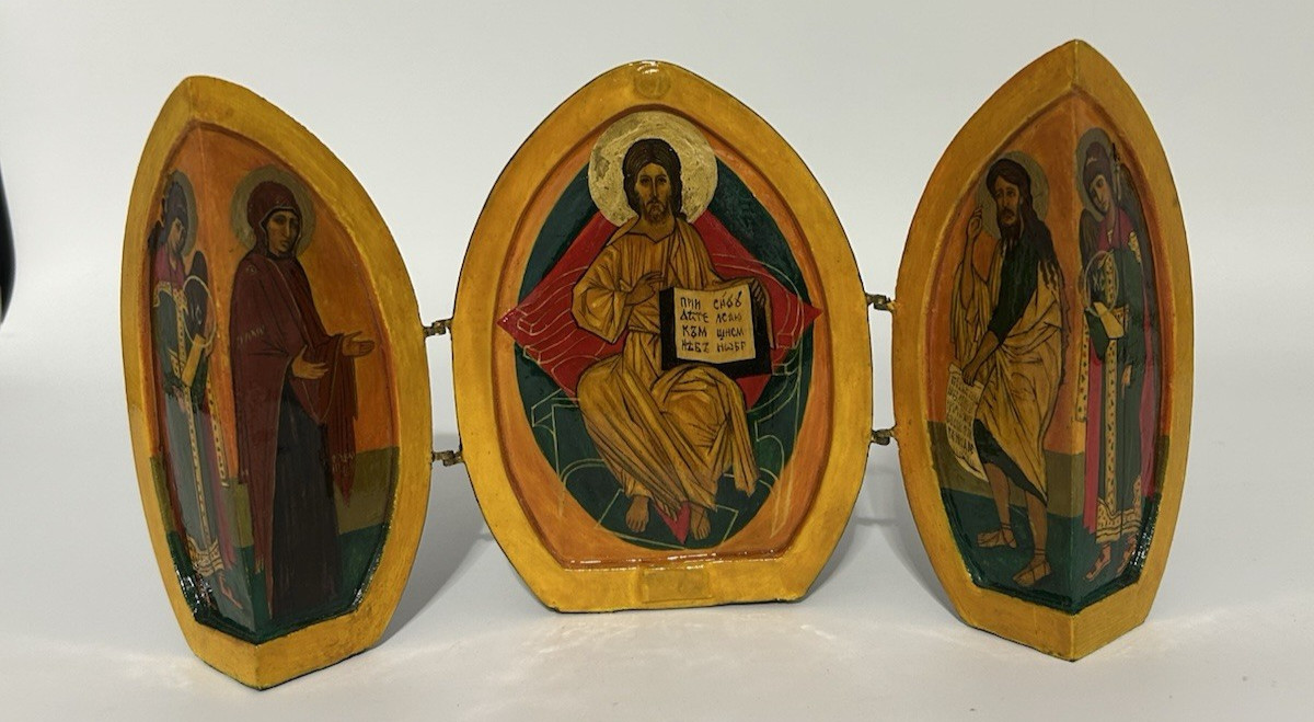 Vintage Russian Hand Painted Wooden Triptych Egg Jesus Maty & John Baptist