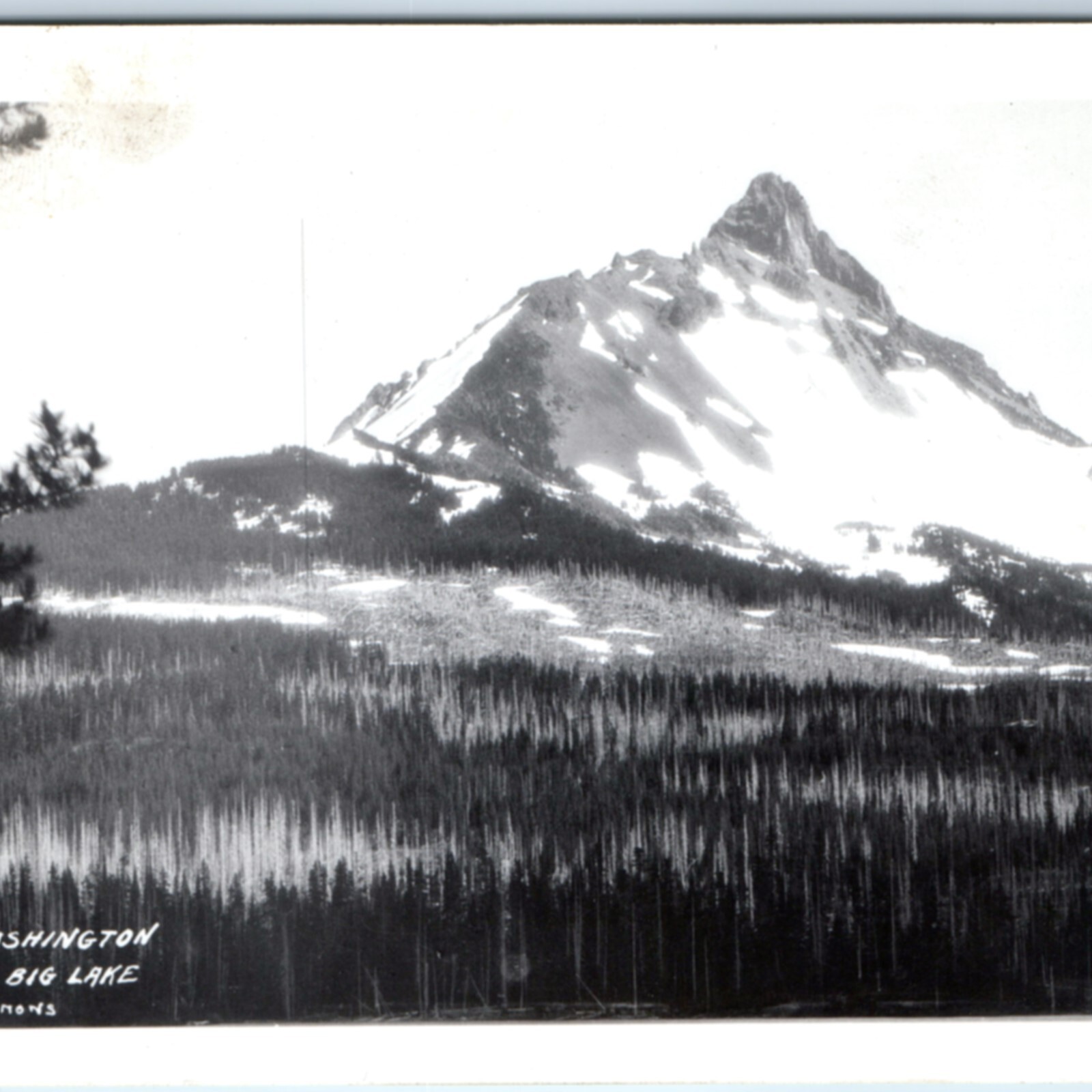 c1940s Mt Washington from Big Lake OR RPPC Oregon Cascade Mountain Symons Photo