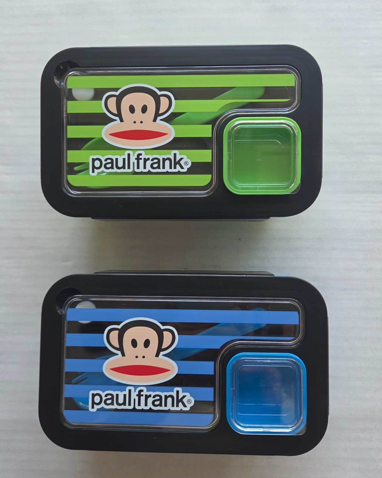 Two (2) Paul Frank Plastic Lunch Container - 2 Section with Utensils & Sauce Cup