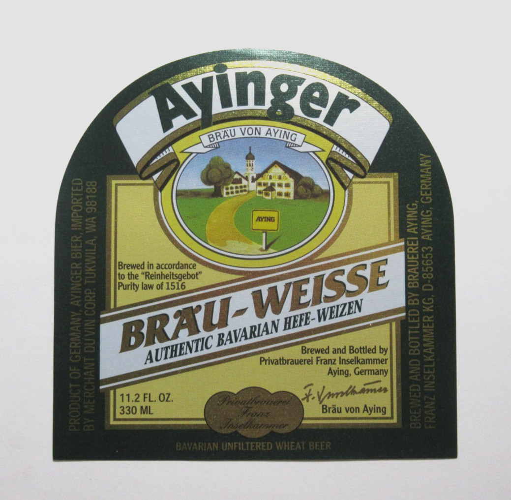 Vintage Ayinger Brau-Weisse Beer Label German Authentic Hefe-Weizen Breweriana