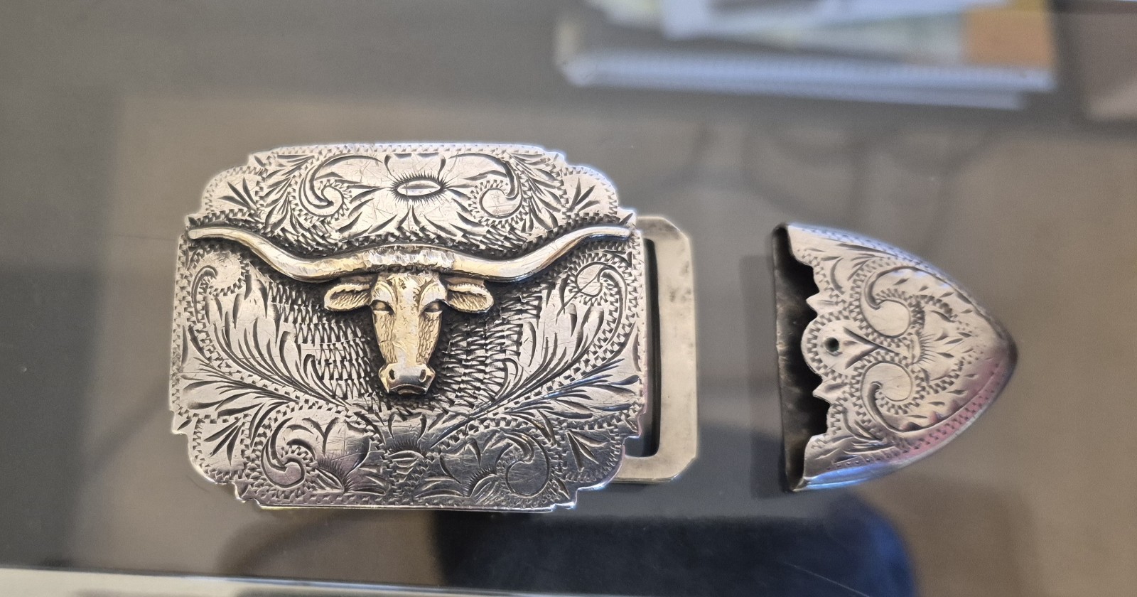 Vtg 30s-40s Keystone Bros Sterling and 14k Gold Longhorn Belt Buckle