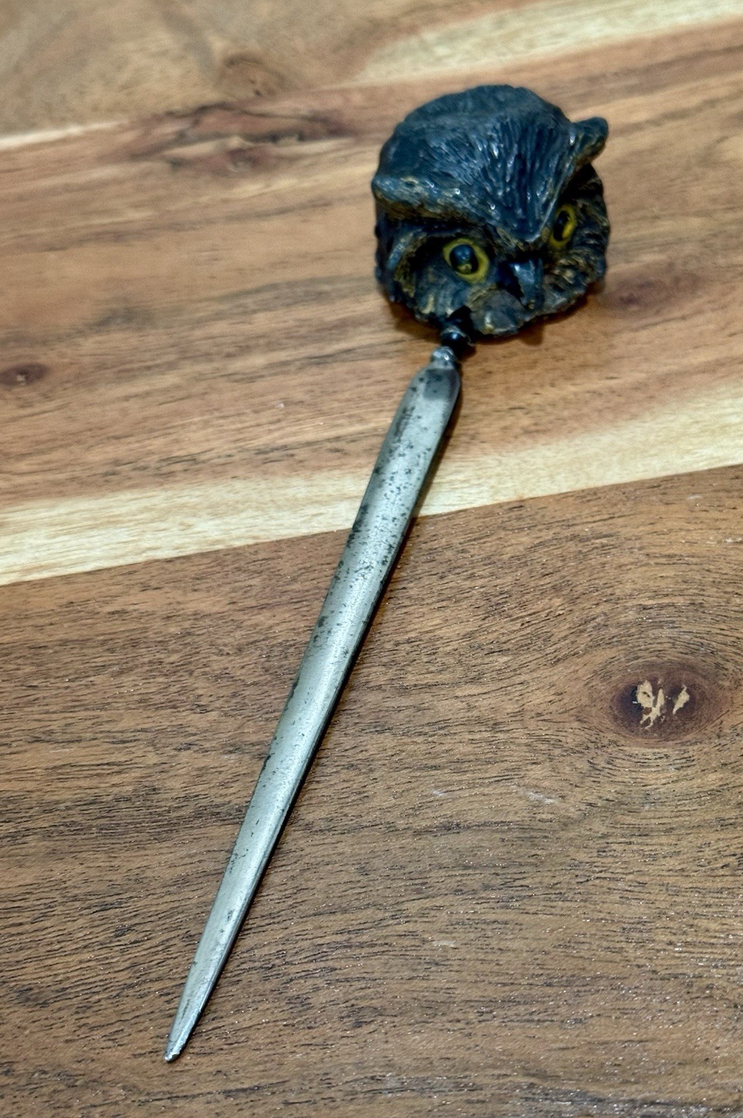 Antique Victorian Spelter Figural Owl Letter Opener Glass Eyes Art Nouveau 7''