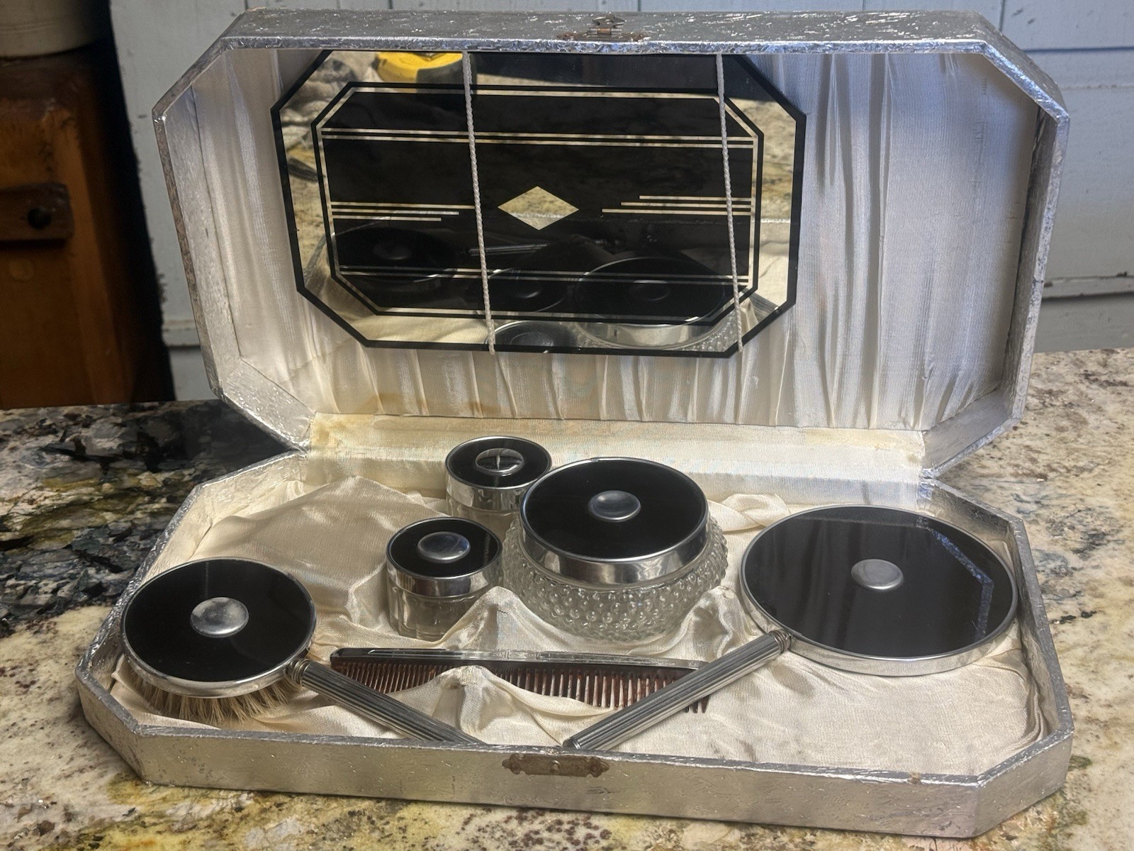 Vintage 1930s Art Deco  Black vanity dresser set In Box