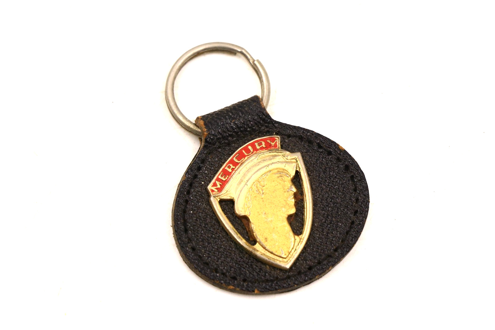 Vintage Mercury Gold Tone Head Logo On Leather Keychain RARE