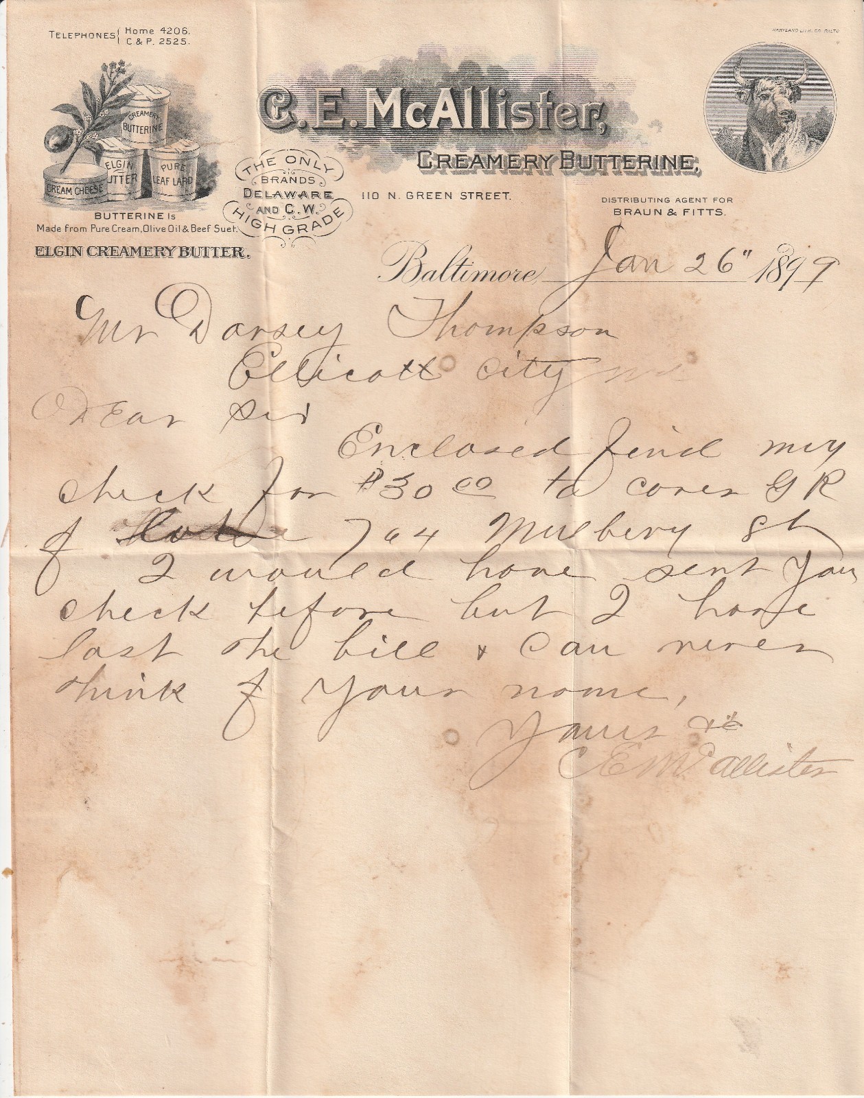 Baltimore MD   1899 Letter  C. E. McAllister, Creamery Butterine   Vignettes