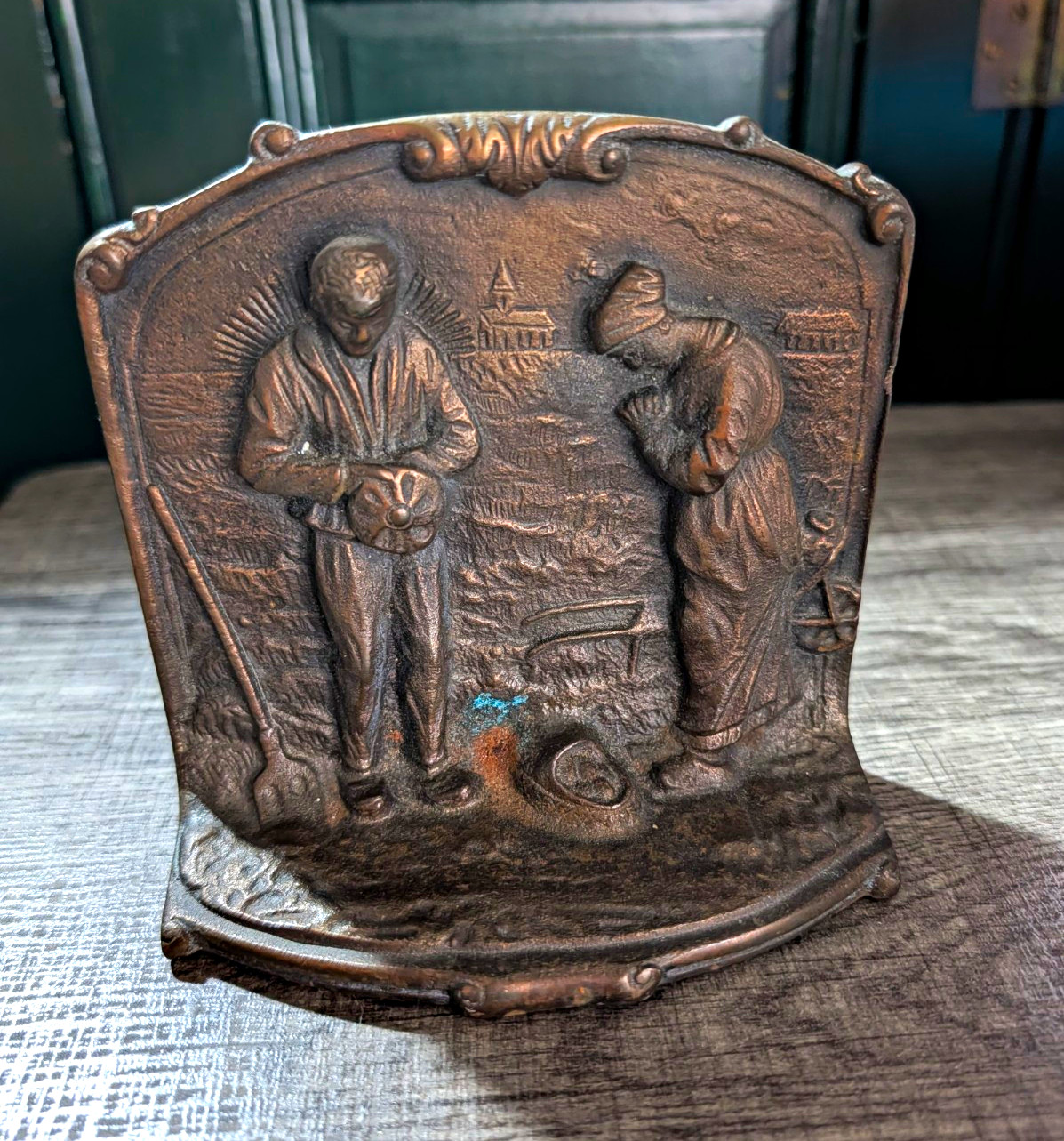 Antique 1920's single bronze cast bookend of L'Angelus Millet farmers praying