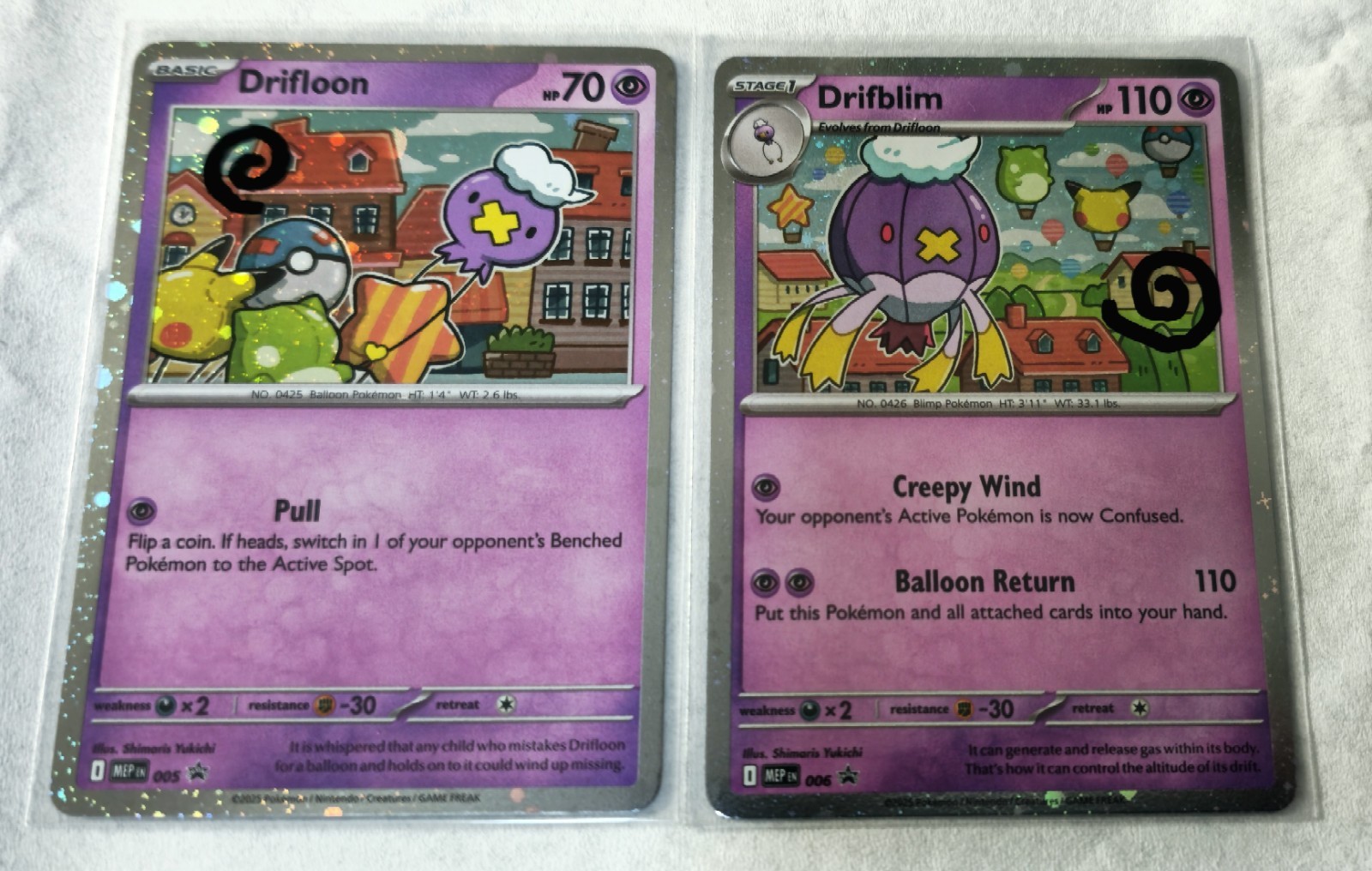 Difloon MEP005, Drifblim MEP006 Mega Evolution Exclusive Cosmos Swirl Holo Promo