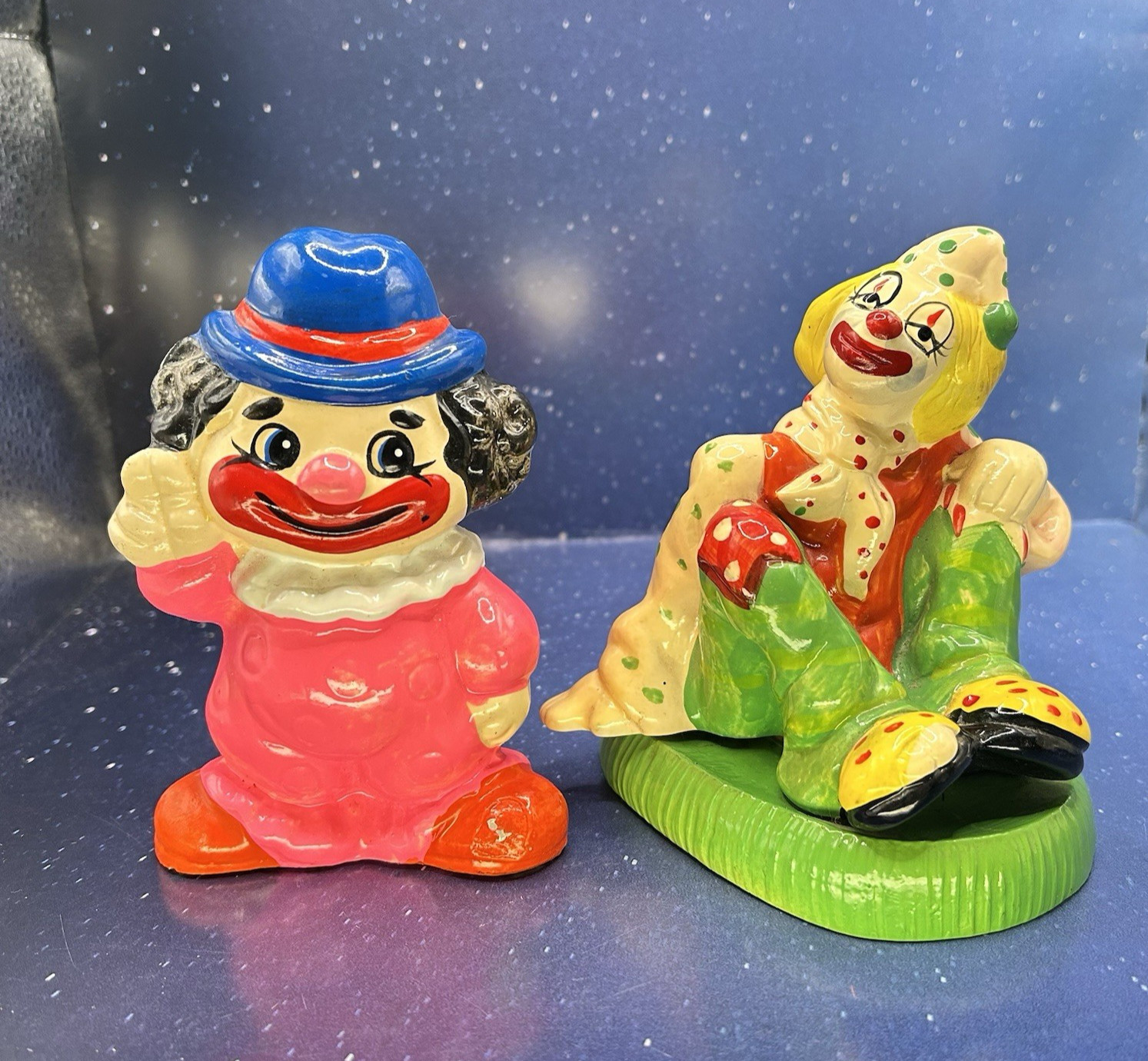 2 Vtg Clown Banks Ceramic Neon Pink / Plastic Small World Polka Dot Kitsch Retro