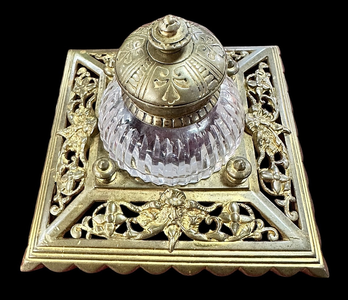 Antique BRASS & CUT CRYSTAL INKWELL WITH SATYR HEADS BACCARAT