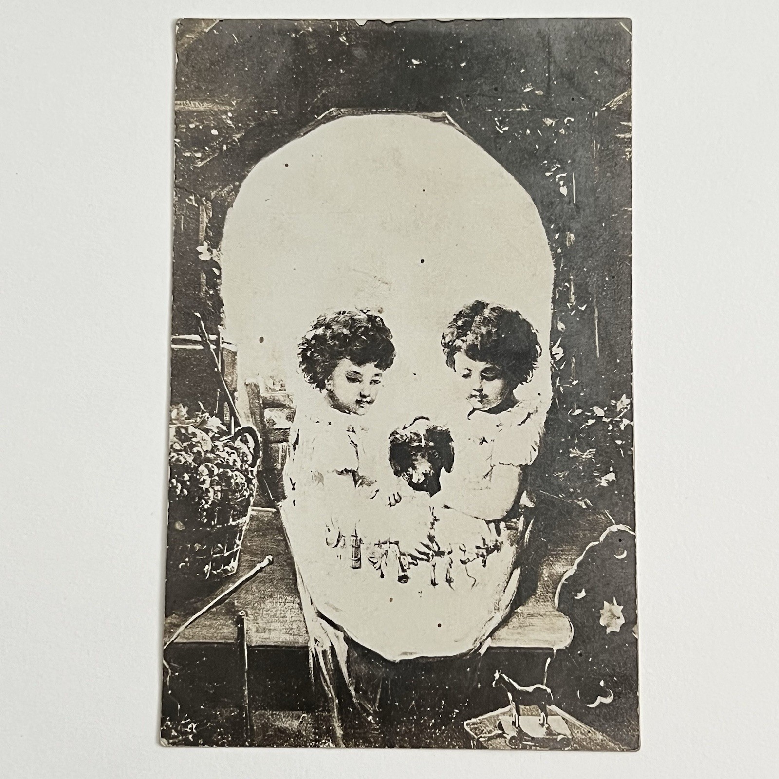 Antique RPPC Postcard Illustration Optical Illusion Memento Mori Skull Girl Odd