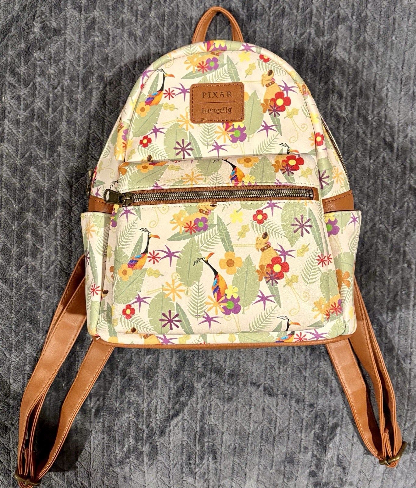 Loungefly Disney Pixar UP Mini Backpack Floral Bird Print Beige Brown Multicolor