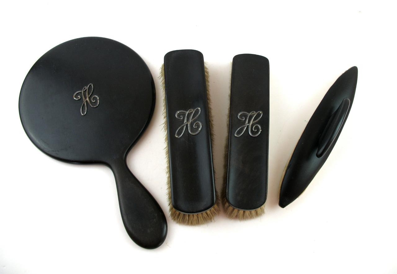 Vintage Antique Hand Mirror and 2 Clothes Brush Initial H and Large Nail Buffer