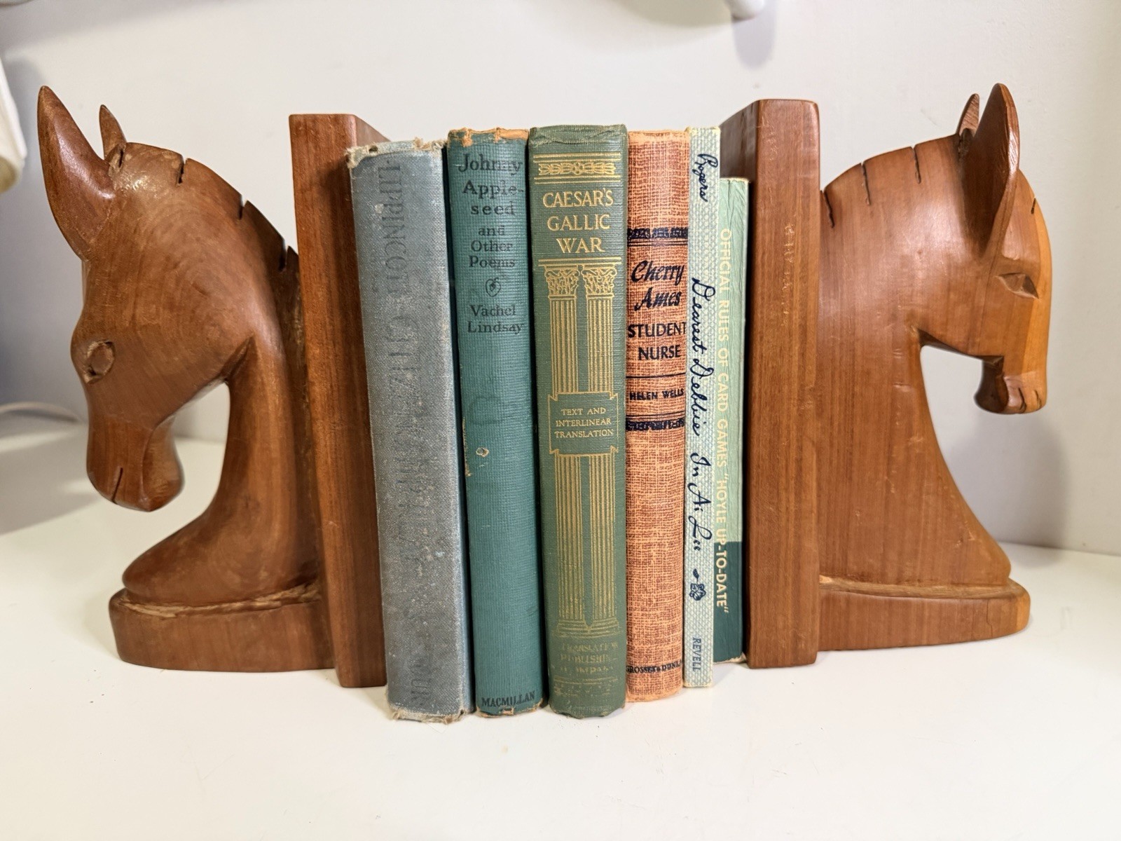 Vintage Hand Carved Wood Horse Bookends Equestrian MCM Folk Art Pair