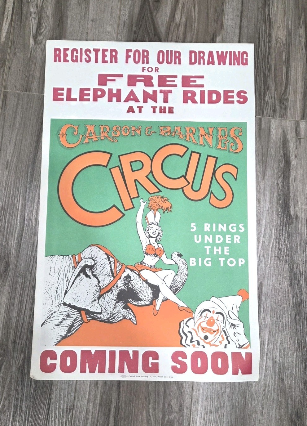 Vintage Carson And Barnes Circus Clown Poster Elephant Rides Ring 