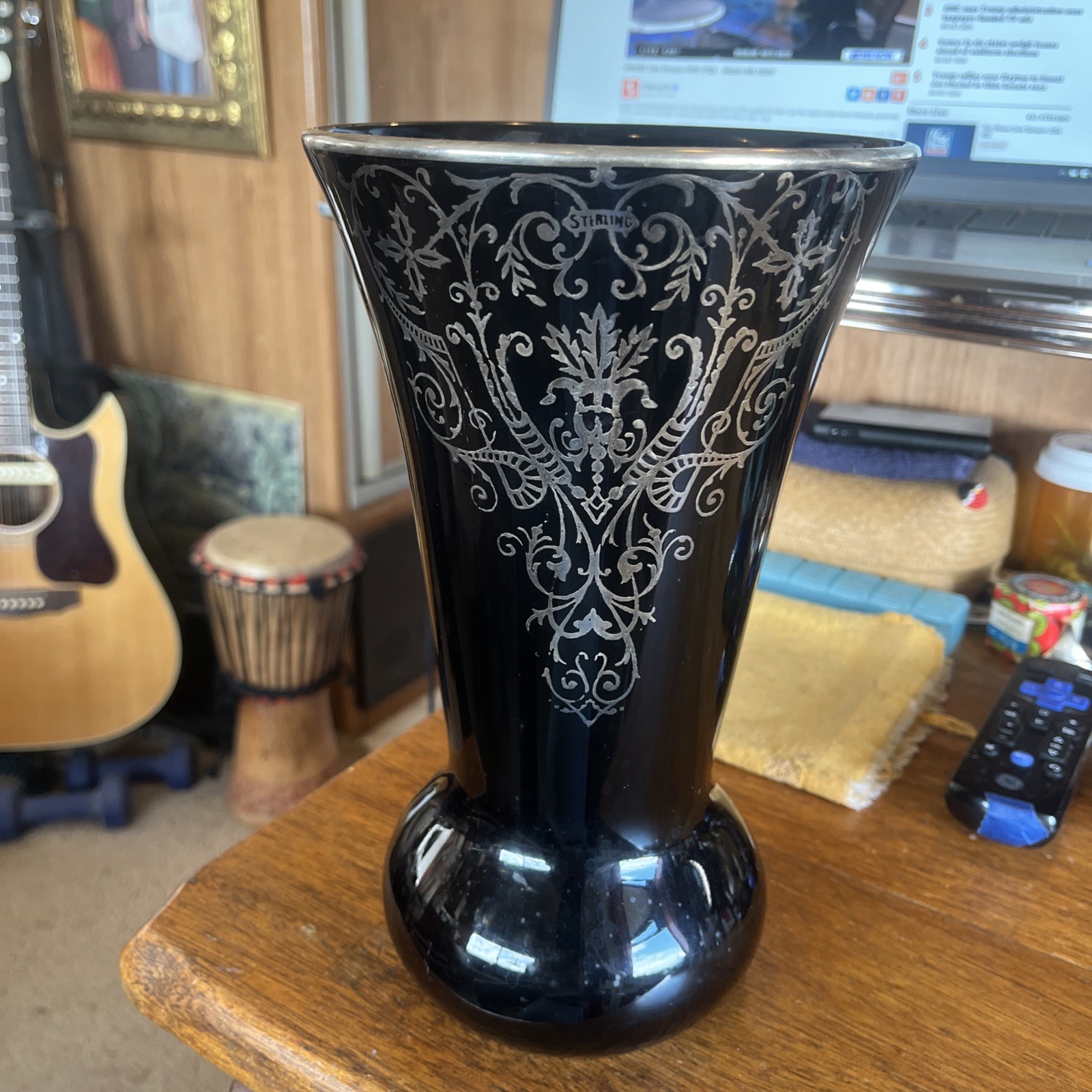 Cambridge Glass  Ebony / Black with Ornate Sterling Silver Overlay  10”T Vase