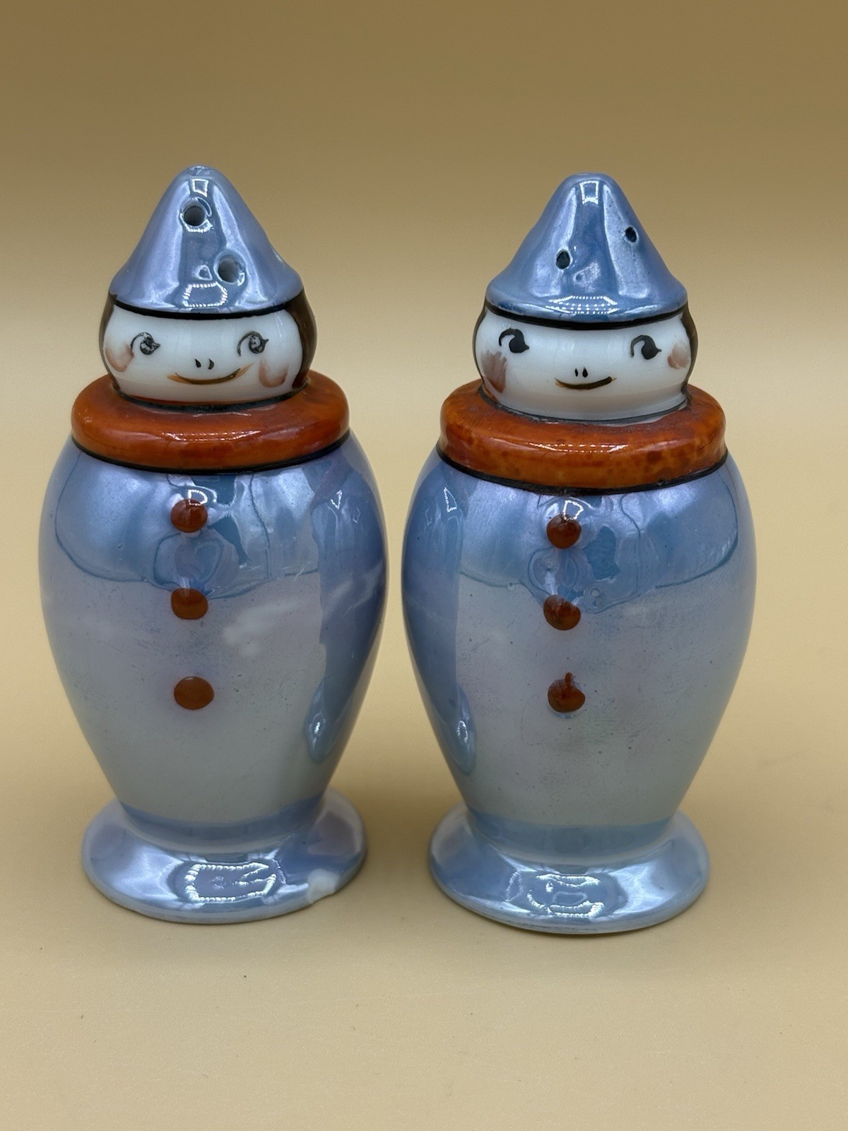 Vintage Blue Luster Clown Salt and Pepper Shakers, Japan