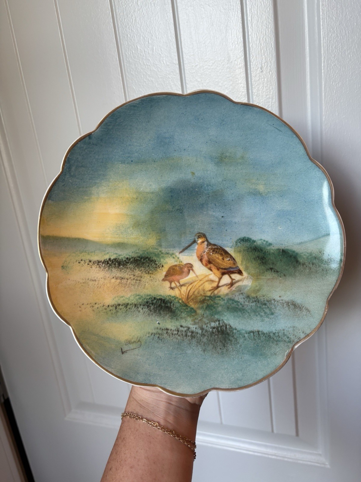 Antique hand-painted Limoges (France) porcelain sand piper decorative plate
