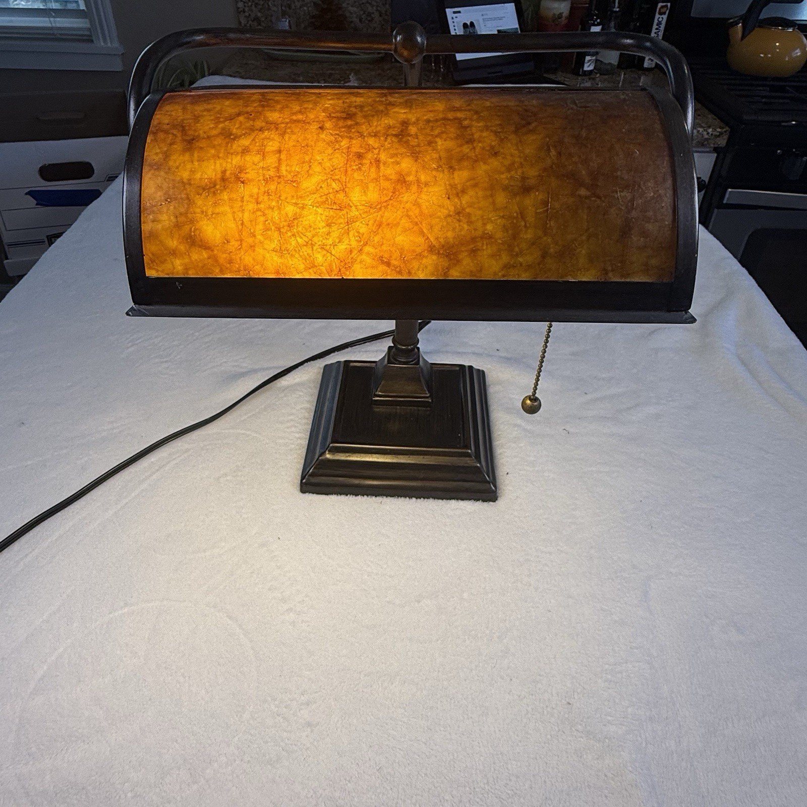Vintage Mission Arts Crafts Banker Desk Lamp Amber Shade Bronze Pull Chain