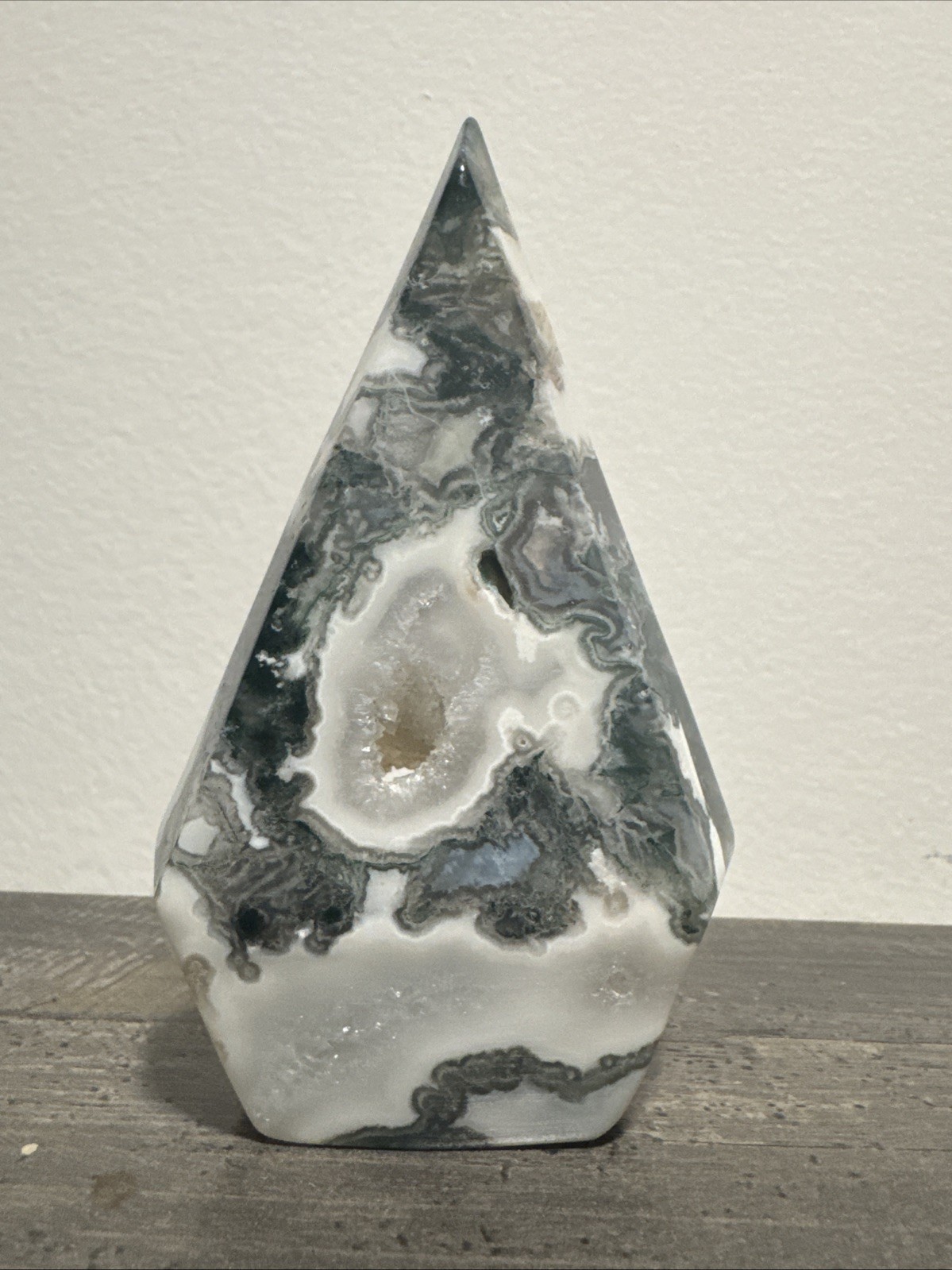 Druzy Moss Agate Crystal Teardrop Carving 210 Grams 4.5”
