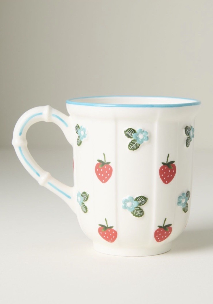 Anthropologie Tilly Stoneware Mug Strawberry 🍓 Flowers New Box Summer Fruit