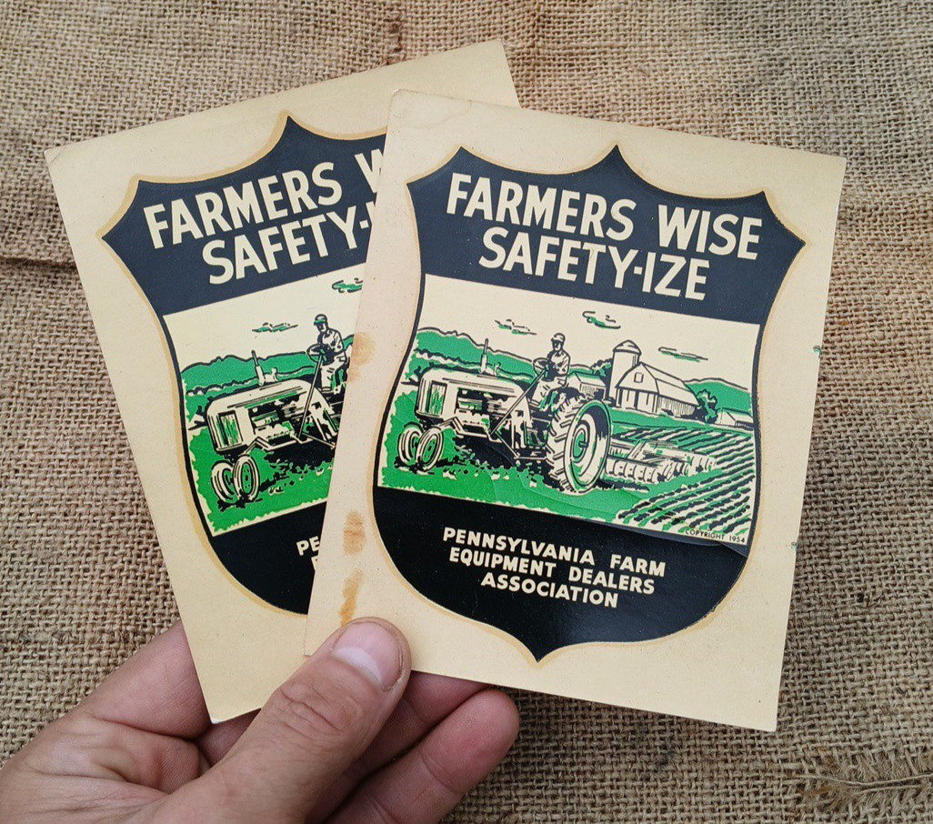 2 Rare Vintage 1954 Pennsylvania Farm Bureau Tractor Dealer Safety Sticker Decal