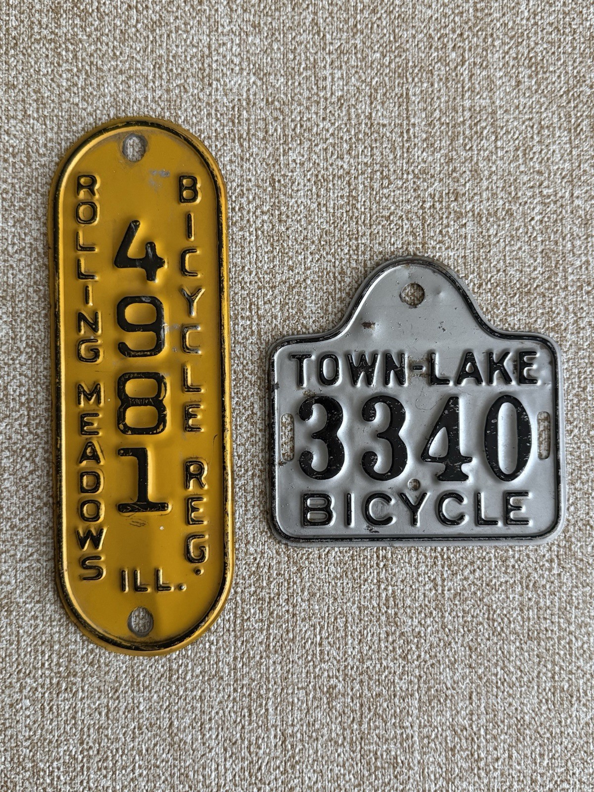 Two Vintage Bicycle Licenses Plates Rolling Meadows Illinois And Town Lake