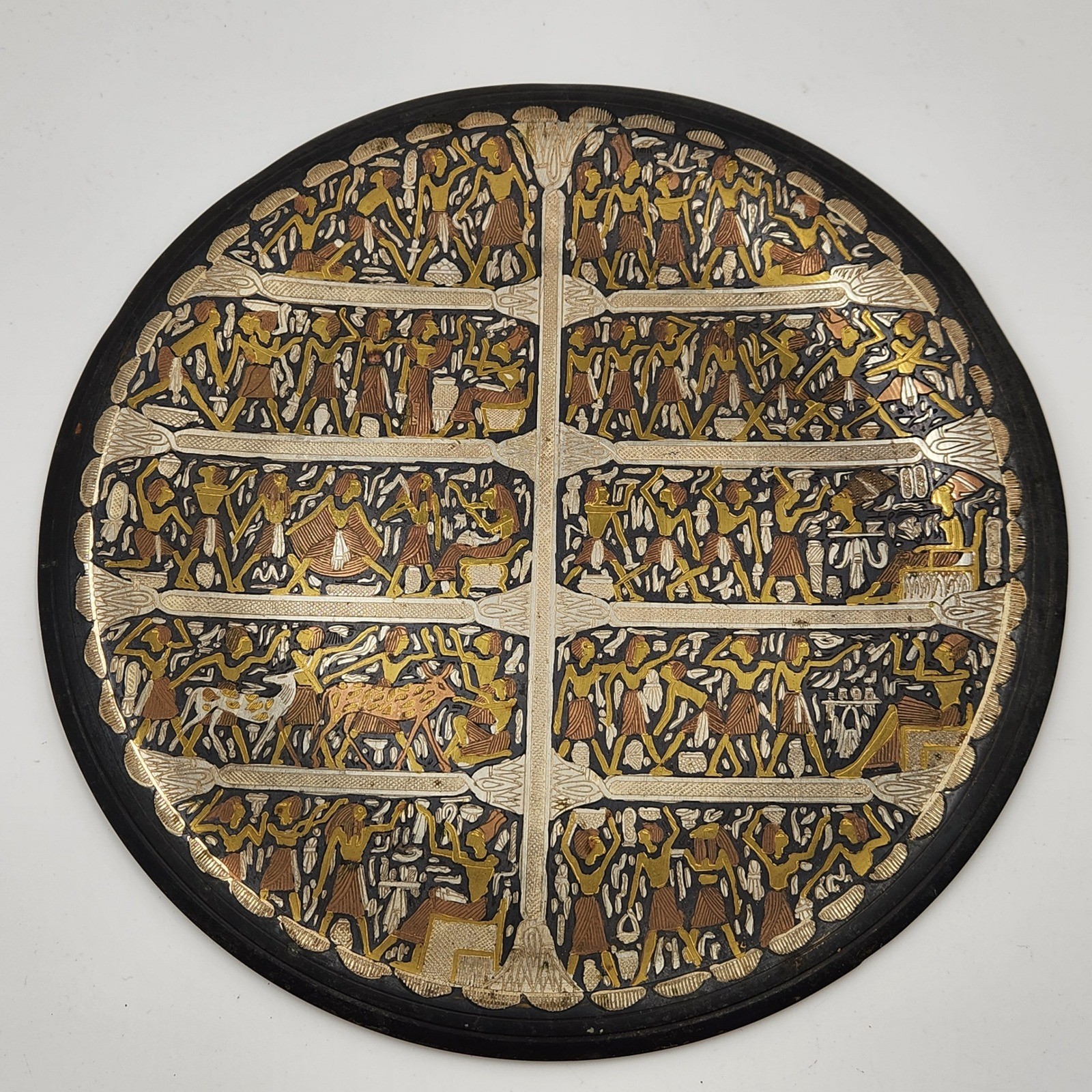 VTG Egyptian Pharaoh Wall Plate Boho Eclectic Revival Mixed Metal Inlay Art 10\