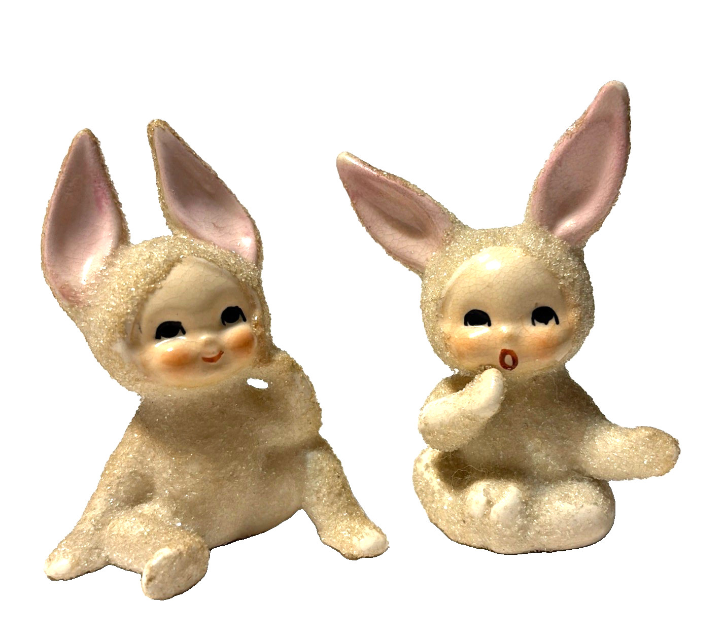 Lefton Sugared Snow Baby Bunny Rabbits Pixie Bunnys Set of Two Vintage Japan SEE