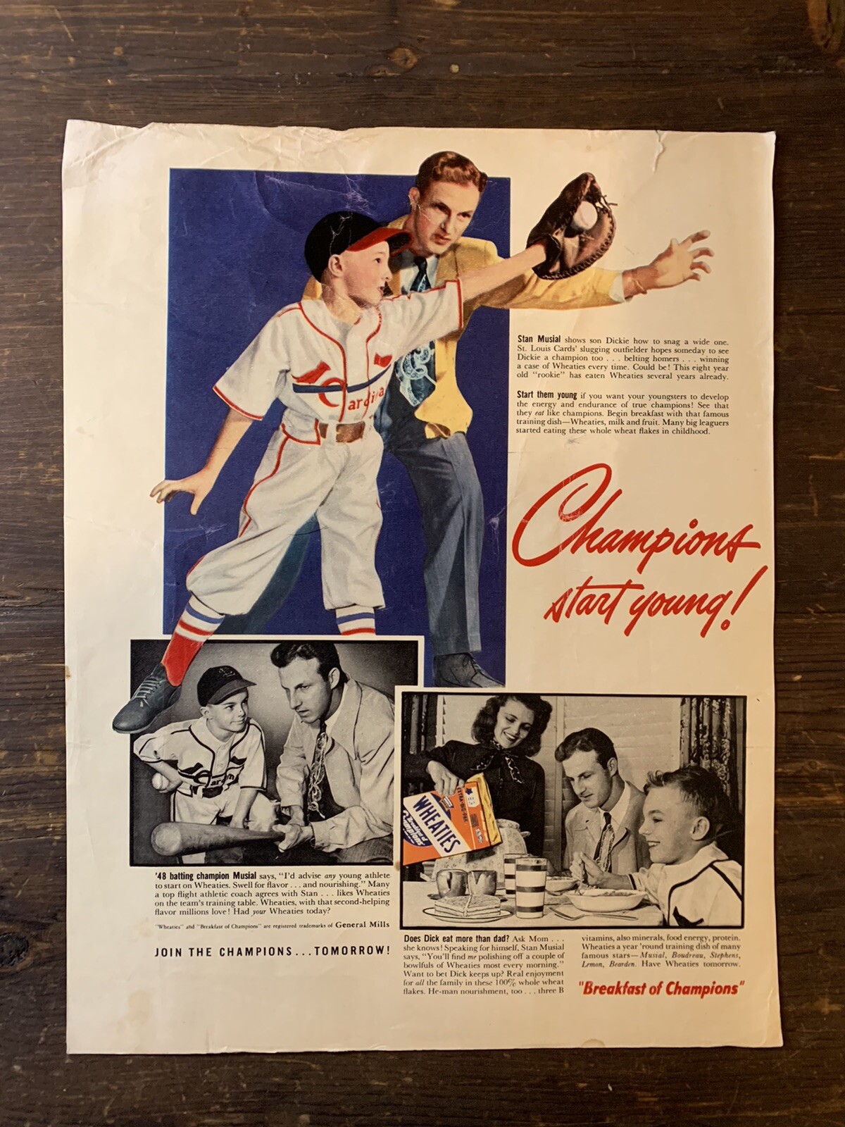 1949 Look Magazine Advertisement - Wheaties Cereal - Stan Musial Champions EX