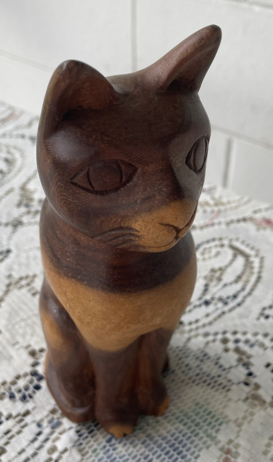 Vtg MCM Hand Carved Solid Burled Wood  Kitty Cat Figure Statue 8”