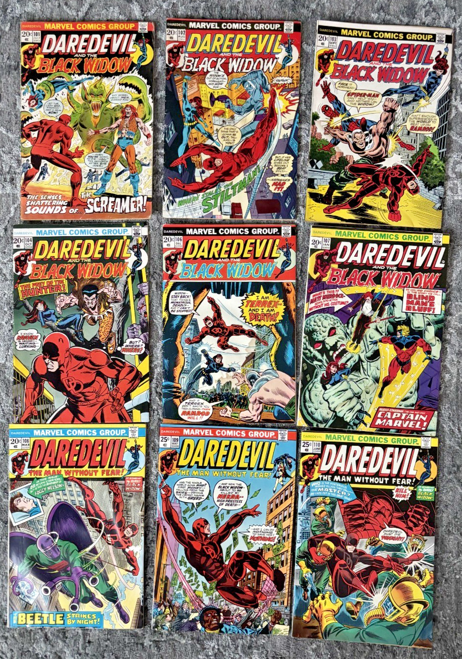 Daredevil #101-104 106-110 Marvel Bronze Age 9 Comic Lot MVS Intact Water Damage