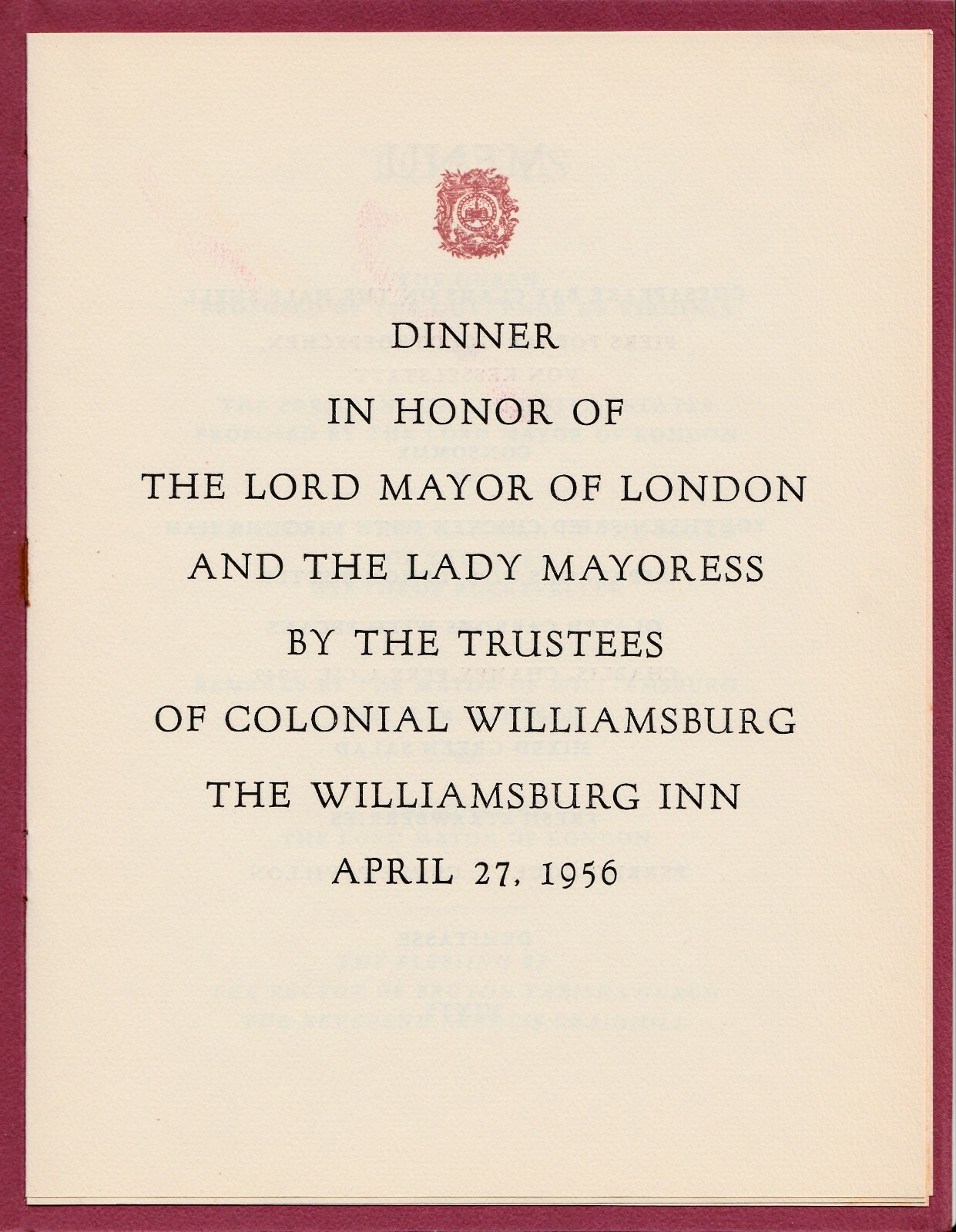 VINTAGE 1956 WILLIAMSBURG INN MENU GUESTS MAYOR OF LONDON WILLIAMSBURG VIRGINIA