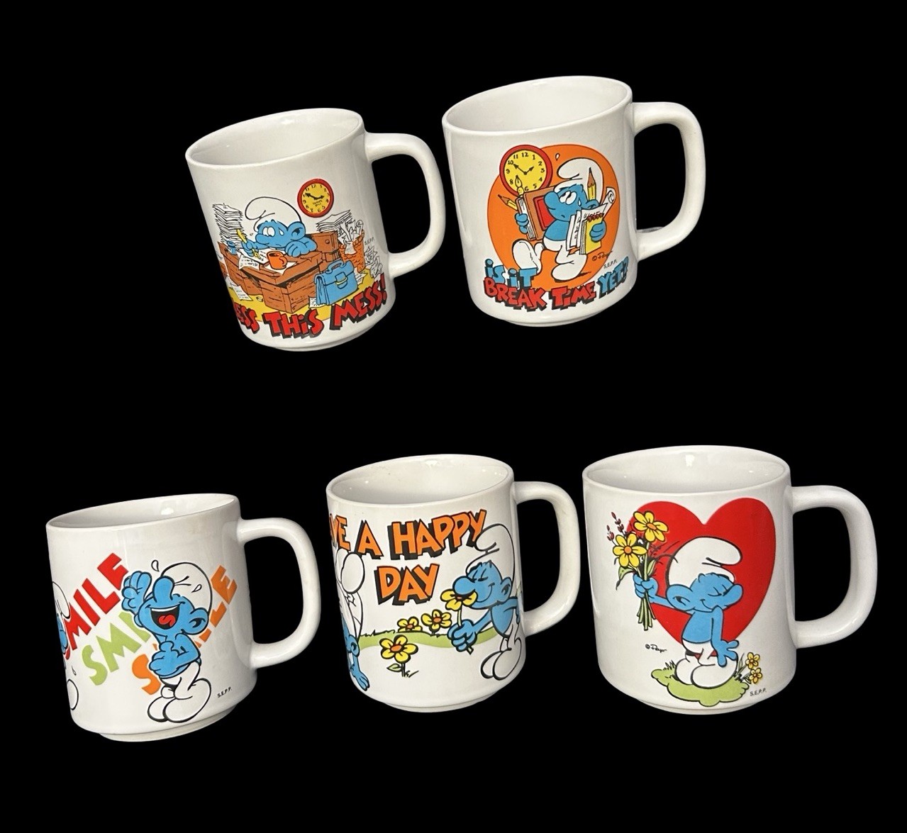 5pc Lot VTG Smurfs Coffee Mug Bless This Mess Break Time Peyo 1981 Ceramic Cups
