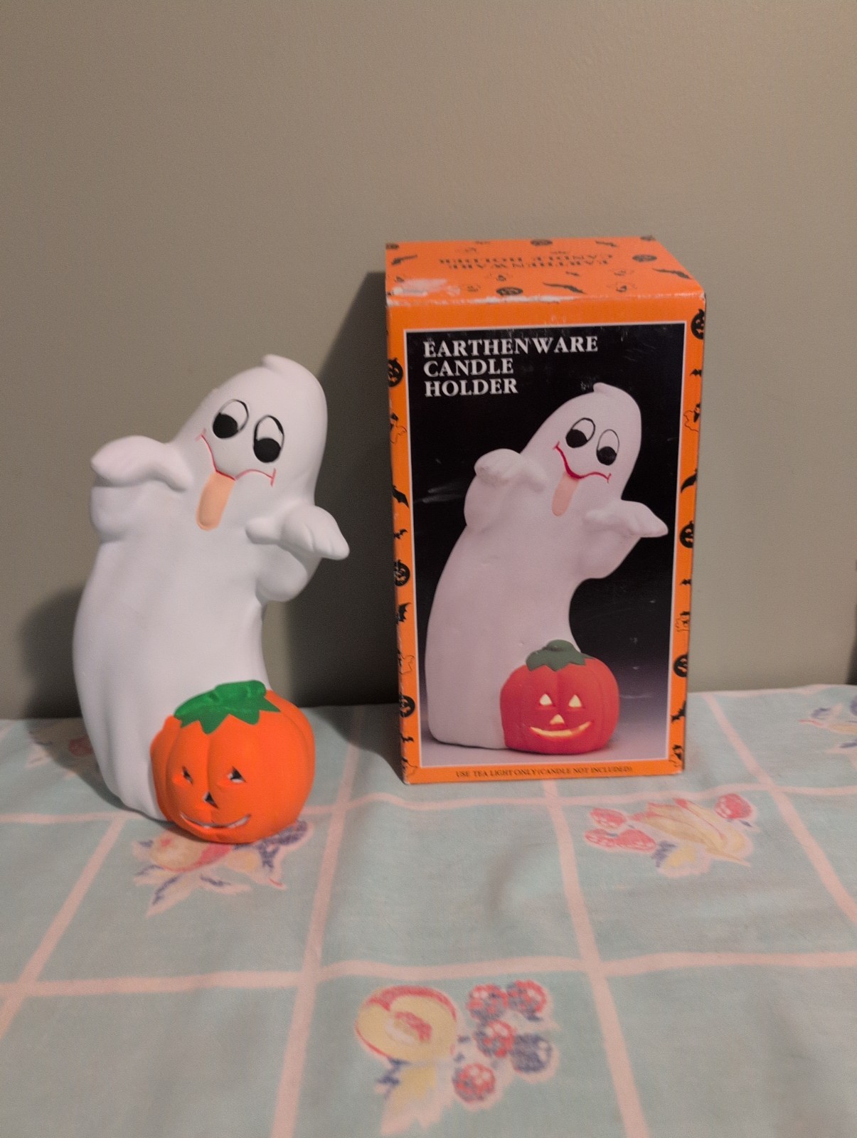 New Vtg Earthenware Halloween Candle Holder Ghost With Pumpkin Original Box 🎃
