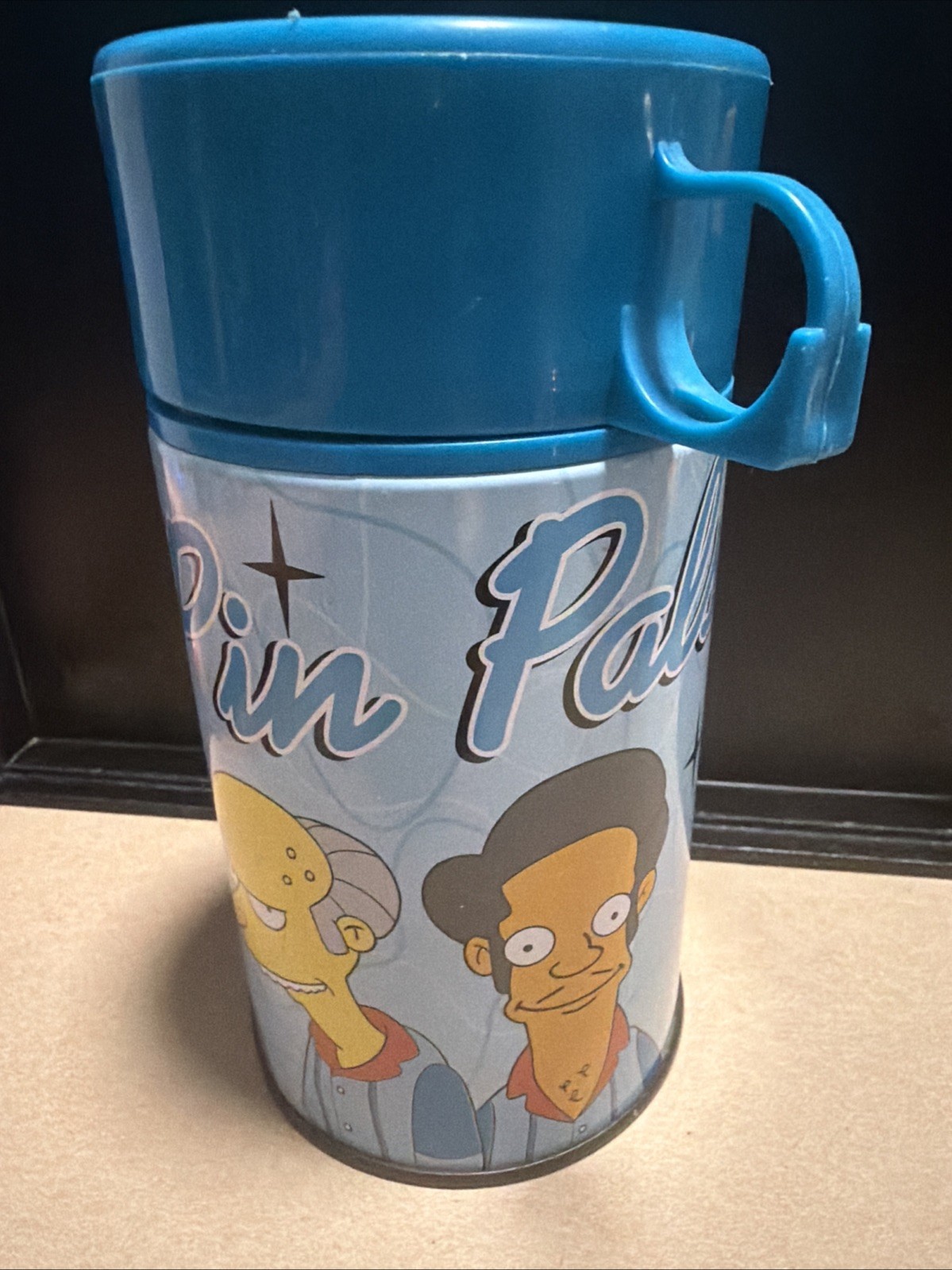 Vintage The Simpsons Pin Pals Thermos Travel Mug Homer Apu Burns Bowling Blue