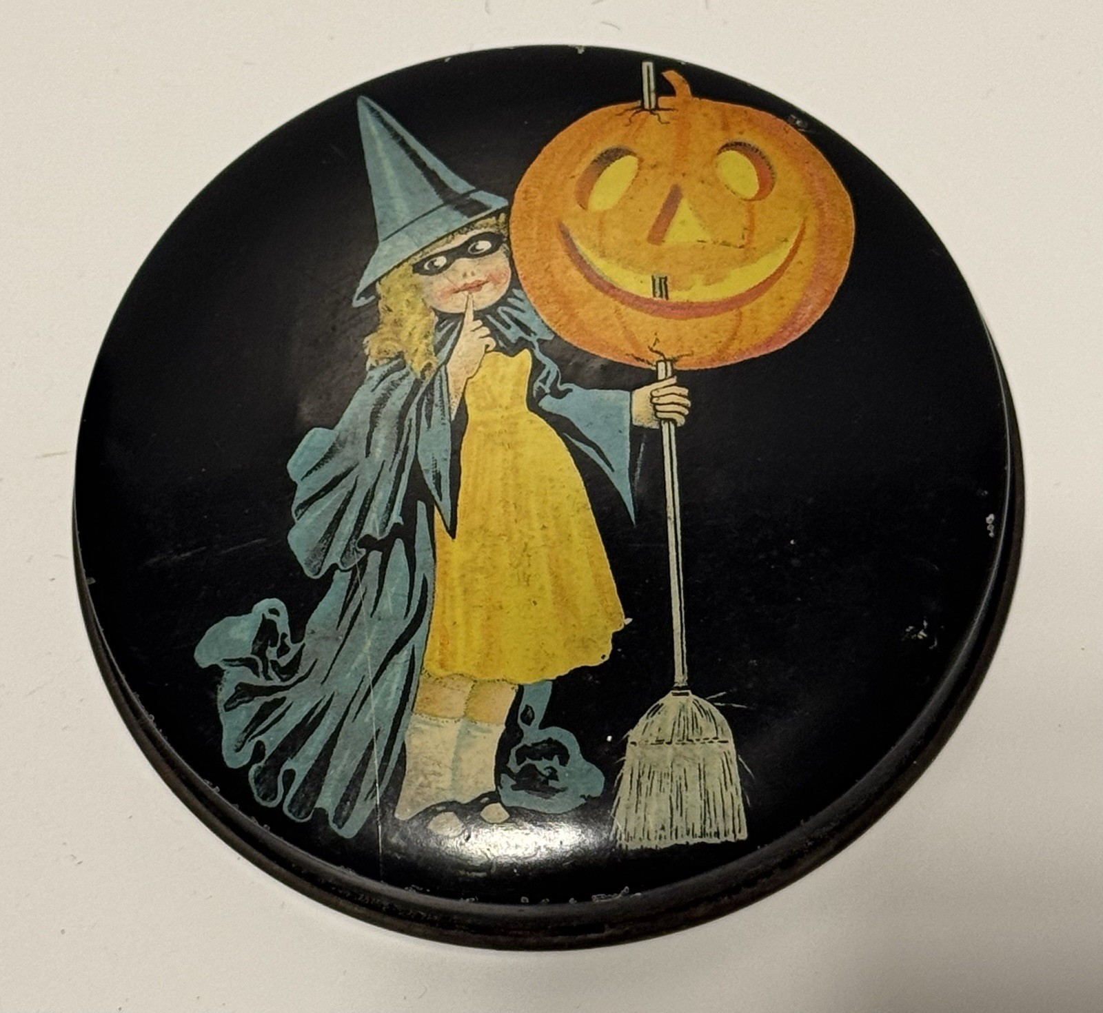 Antique 1920s Mini TINDECO Halloween Candy Tin Witch w/Broom Jack O\'Lantern