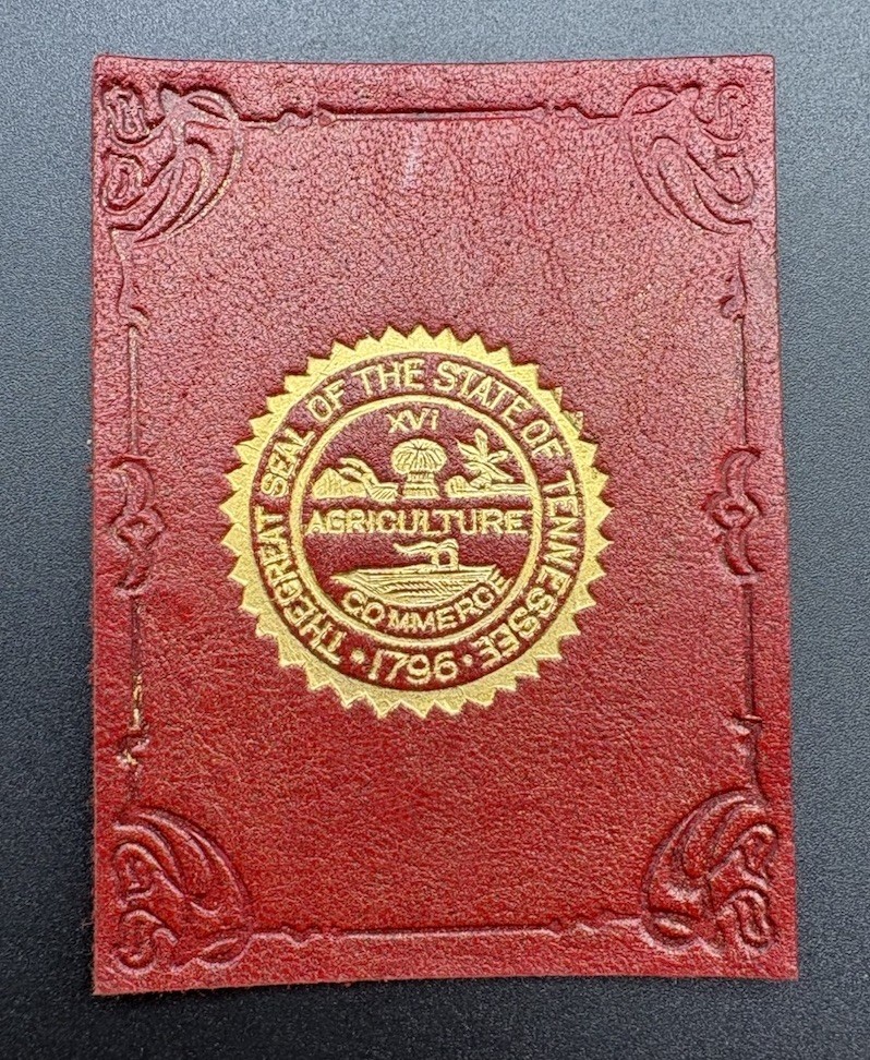 c1910 L23 Tennessee Great State Seal Tobacco Leather 2x2.5 Red Gold Antique