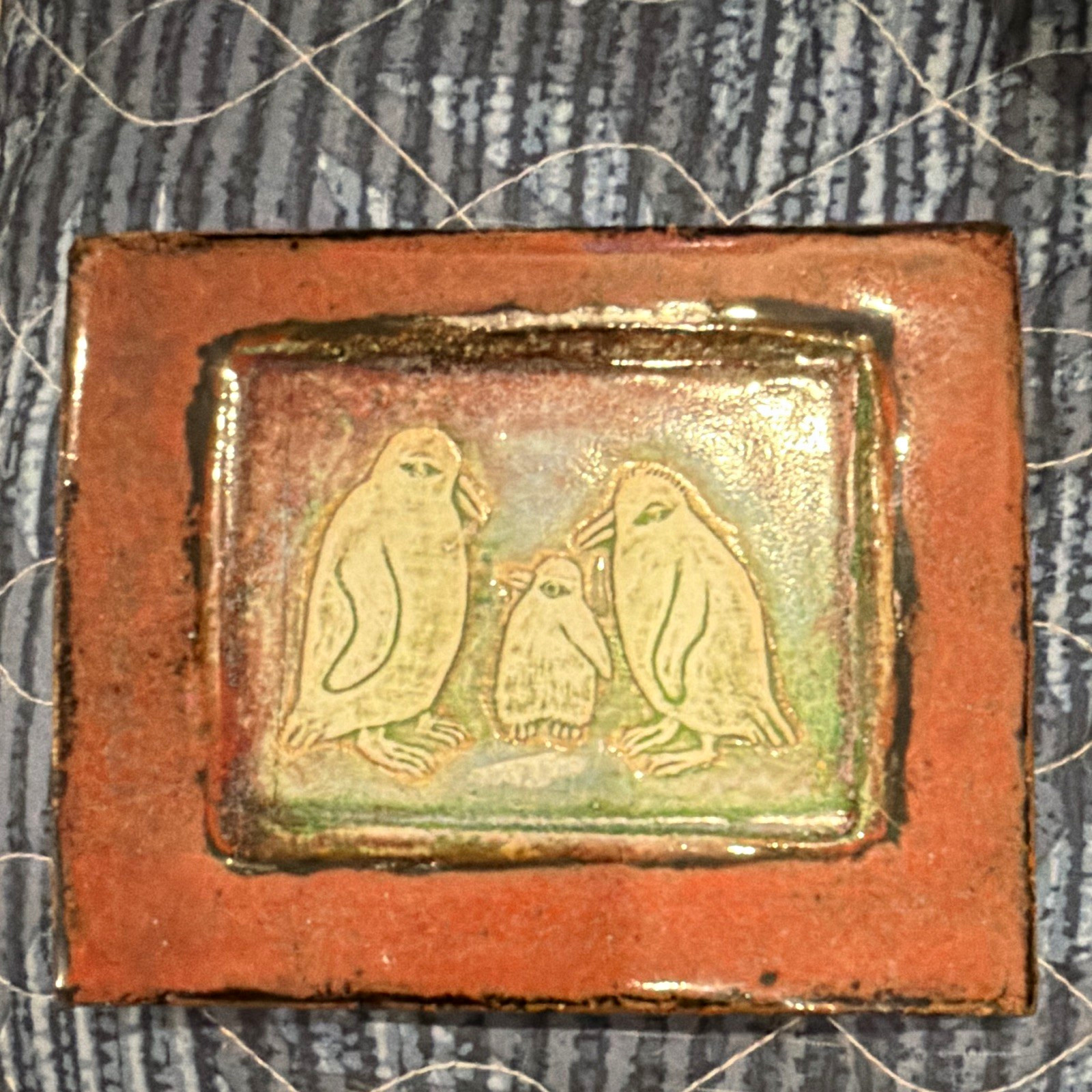 Vintage Christine Hald Norway Ceramic Wall Plaque - Penguin Family Art Tile