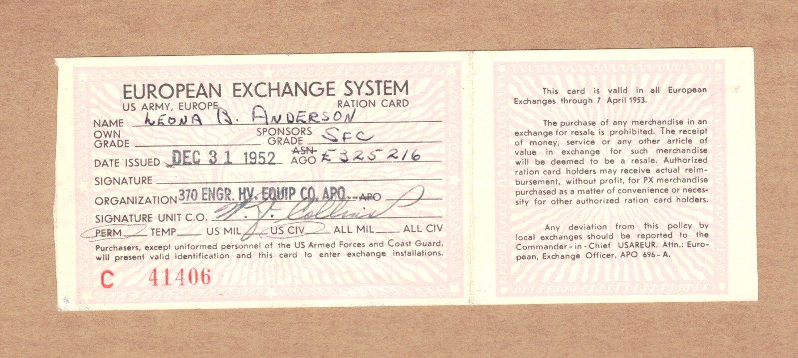 Original 1952 European U.S. Army Exchange System Card