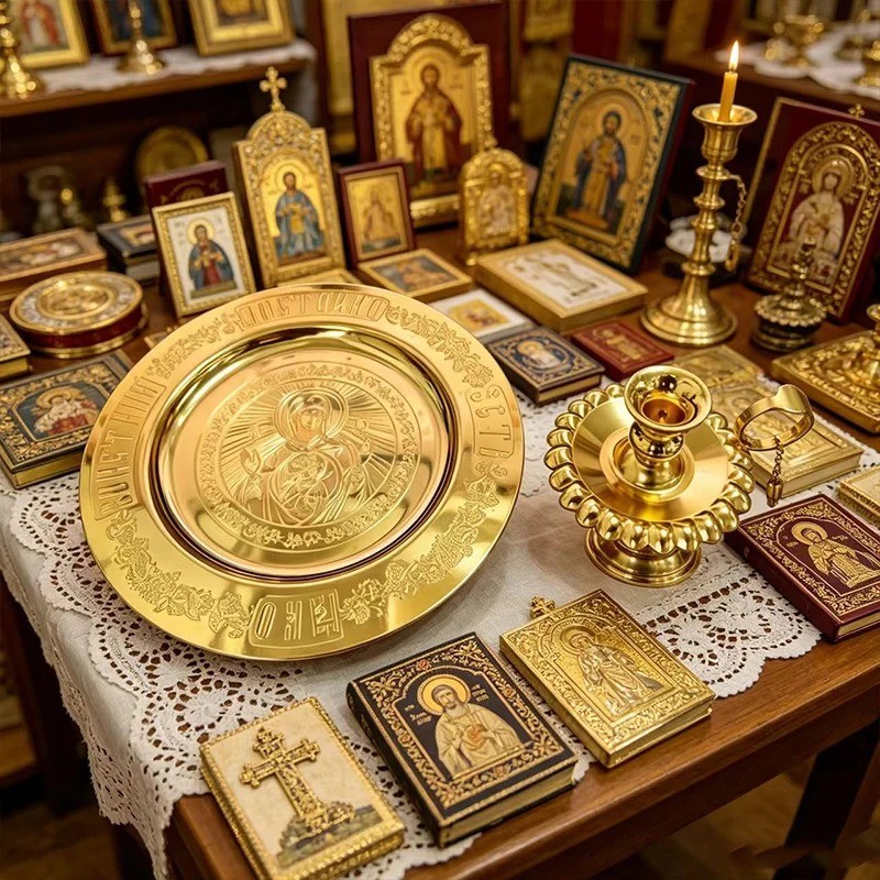 Handcrafted Gold Plated Orthodox Candle Holder with Disk Tray Church Altar Set