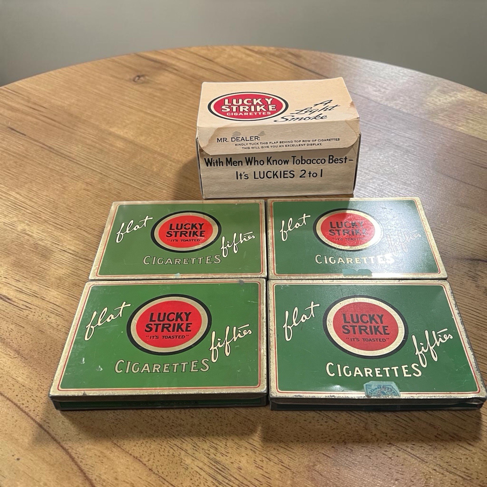 Vintage Lucky Strike Flat Fifties Green Cigarette Tin Set & Dealer Display Box