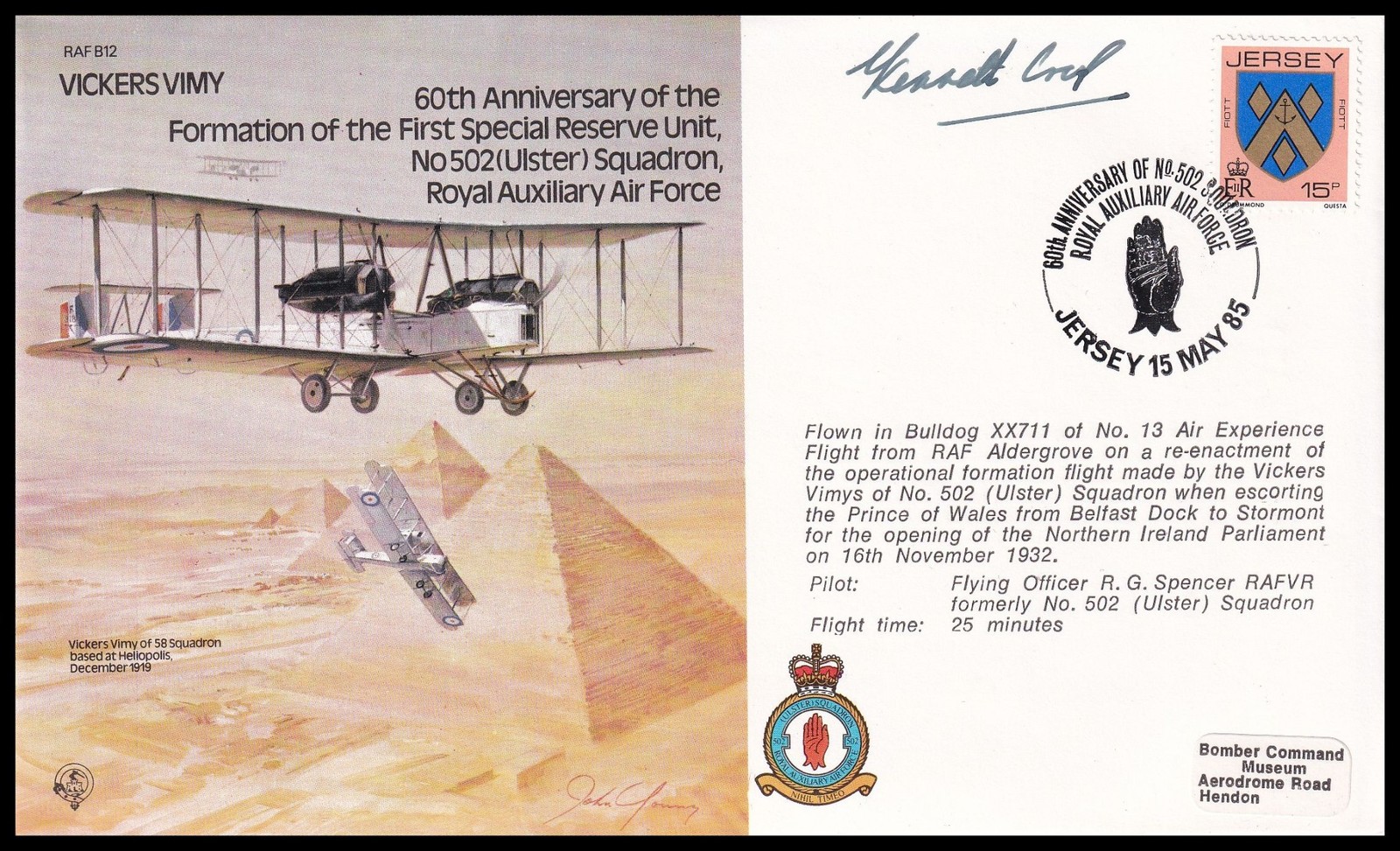 ACM SIR KENNETH CROSS KCB CBE DSO DFC Signed RAF B12c Vickers Vimy Bomber Cover